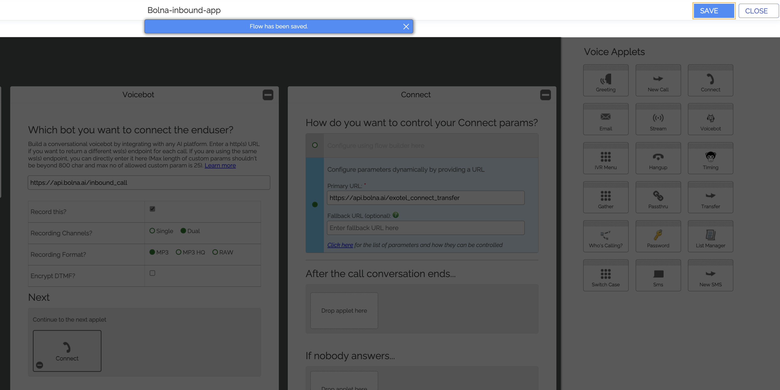 Exotel app configuration complete with Save button highlighted, showing final step of Bolna AI voice agent inbound calling setup