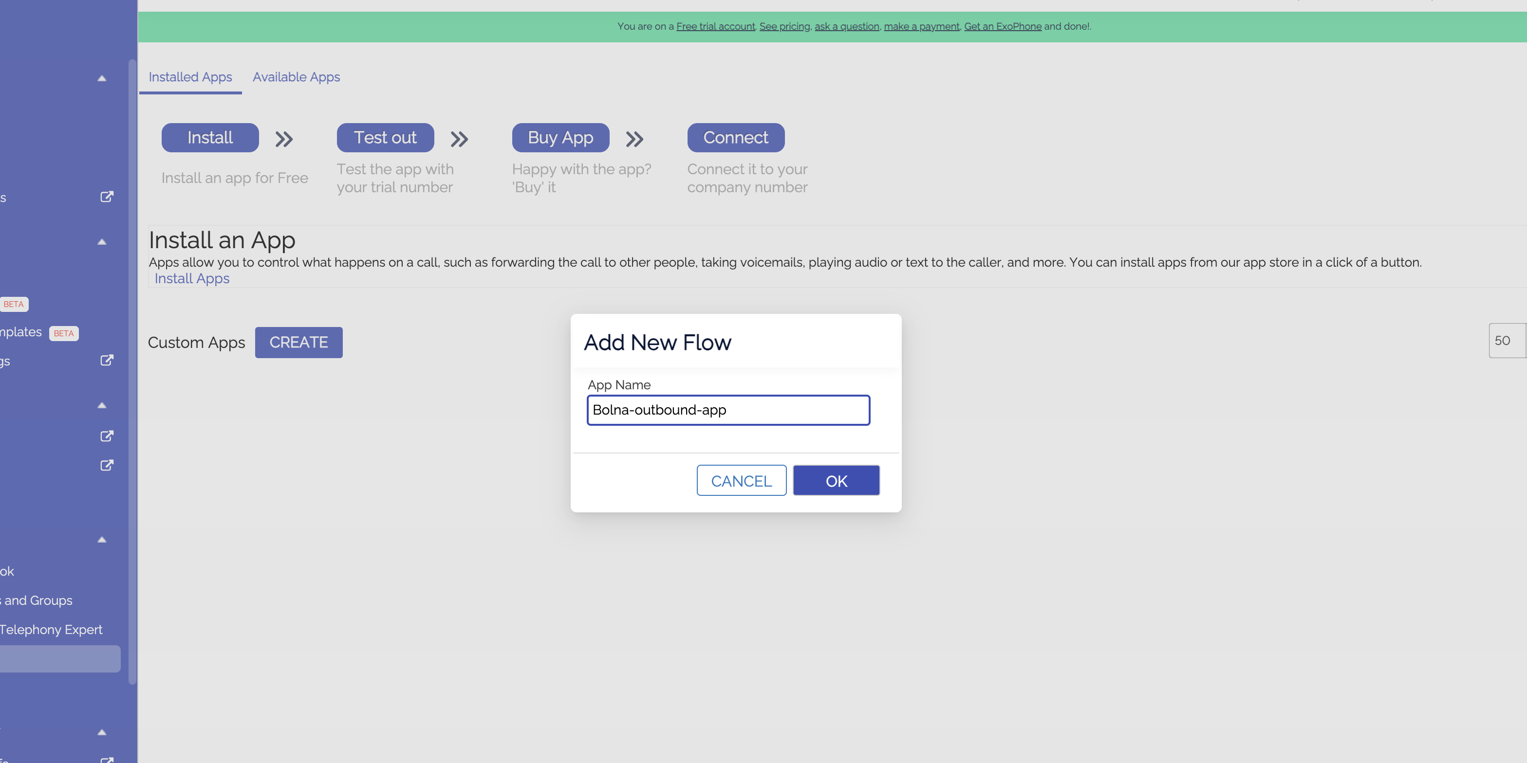 Exotel app creation interface showing name input field where users configure Bolna AI outbound calling application settings