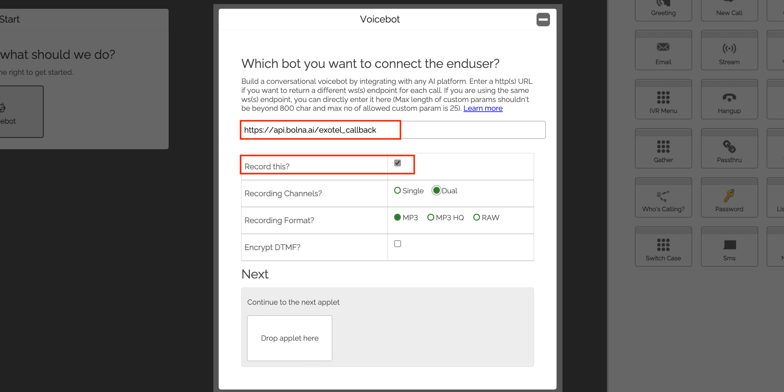 Exotel Voicebot settings showing Bolna API callback URL configuration for outbound AI calling setup