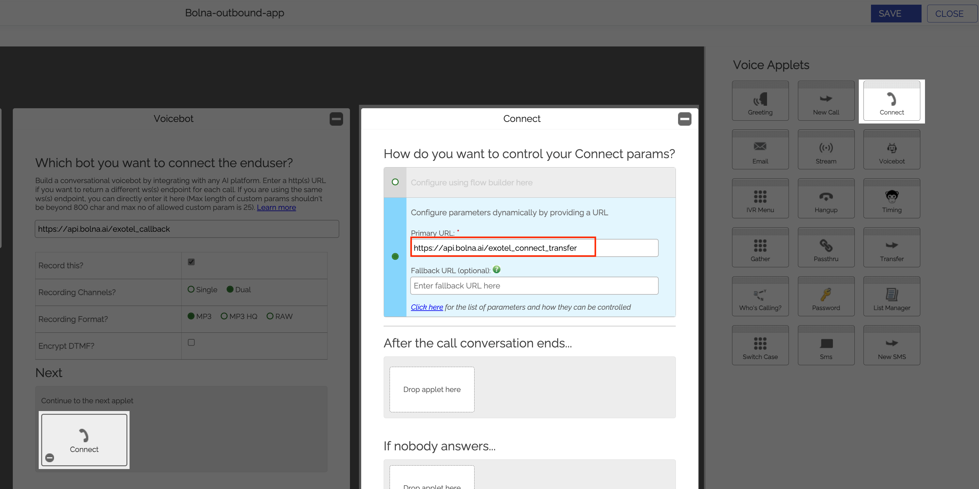 Exotel Connect app settings showing dynamic URL configuration for Bolna call transfer functionality and call routing setup