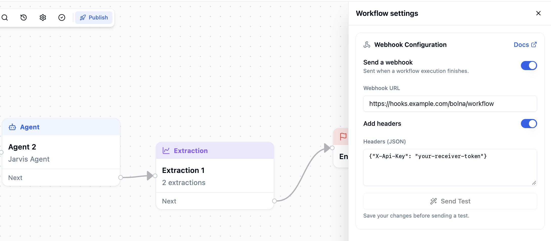 Workflow settings panel beside the canvas, with the Webhook Configuration card showing the Send a webhook toggle on, a Webhook URL, the Add headers toggle on with a Headers (JSON) field, and a Send Test button