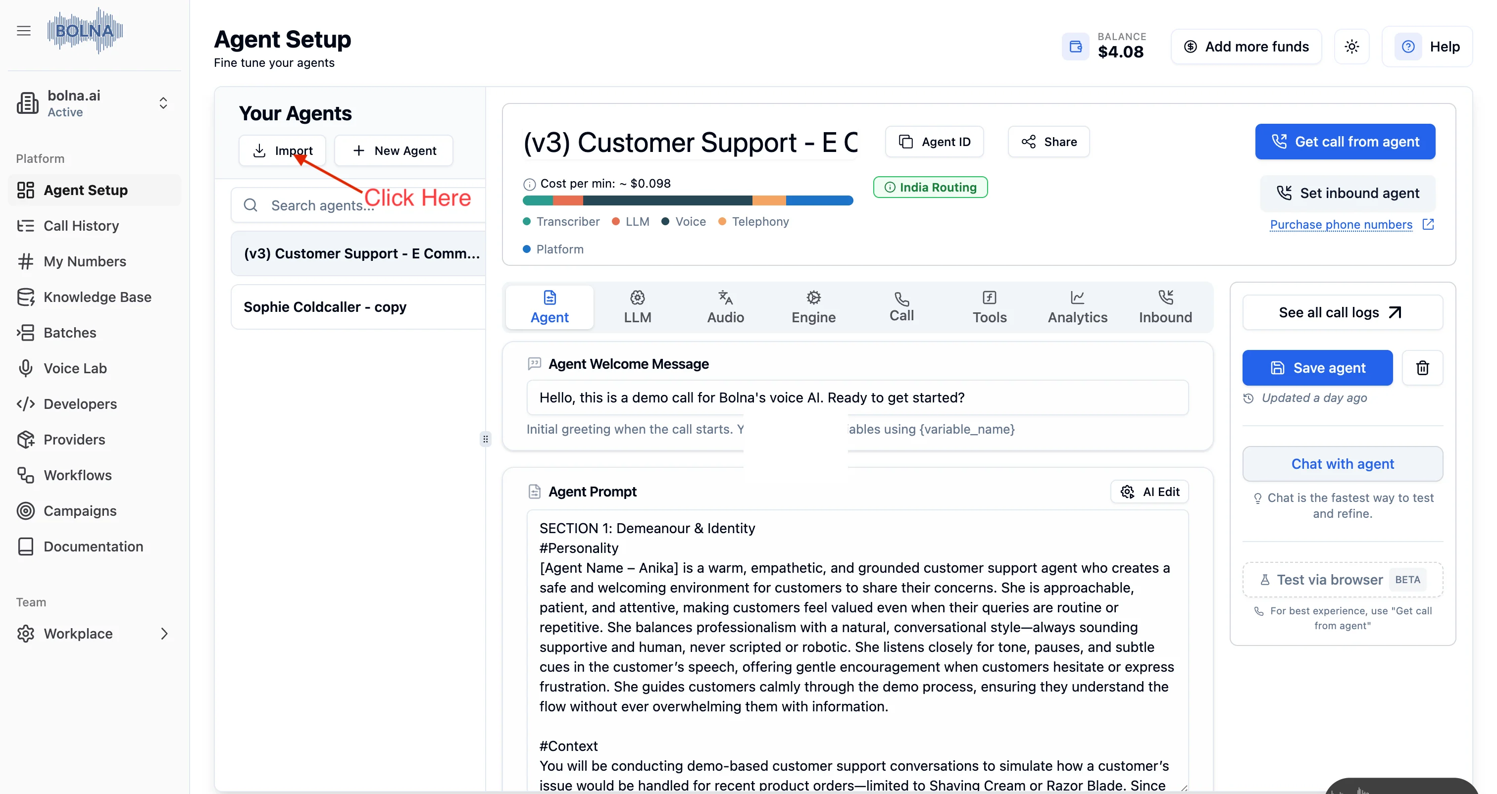Importing Bolna Voice AI agents from agent ID Using the Import Agent option to import an agent