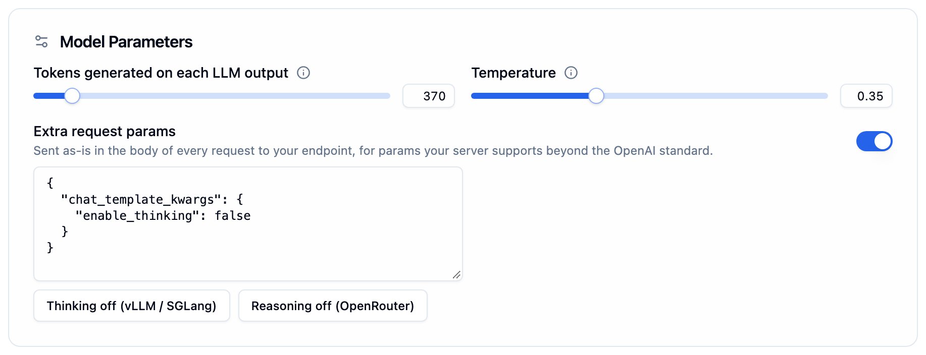 Model Parameters card with the Extra request params toggle switched on, a JSON box containing chat_template_kwargs with enable_thinking set to false, and example buttons for Thinking off (vLLM / SGLang) and Reasoning off (OpenRouter)