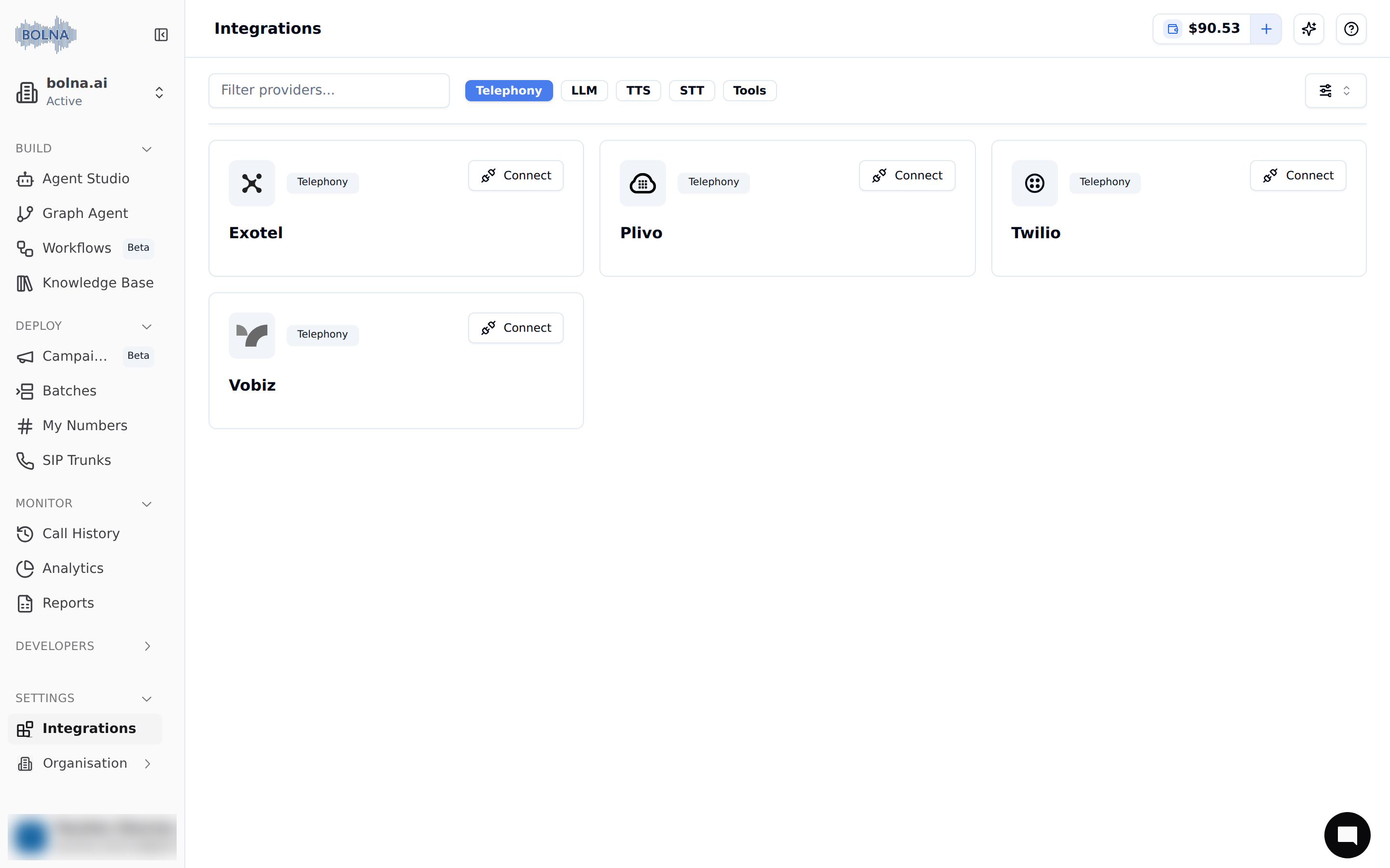 Settings → Integrations page in the Bolna dashboard filtered to Telephony, showing the Connect button on the Exotel card for integrating Exotel telephony with Voice AI agents