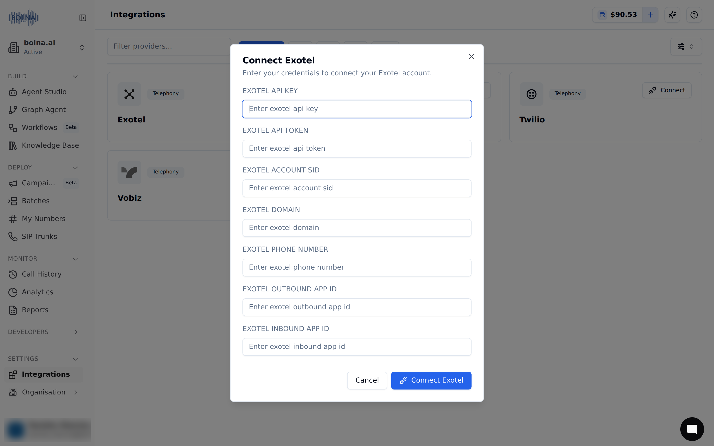 Exotel account connection form in Bolna showing Exotel API key, API token, account SID, domain, phone number, and outbound and inbound app ID fields