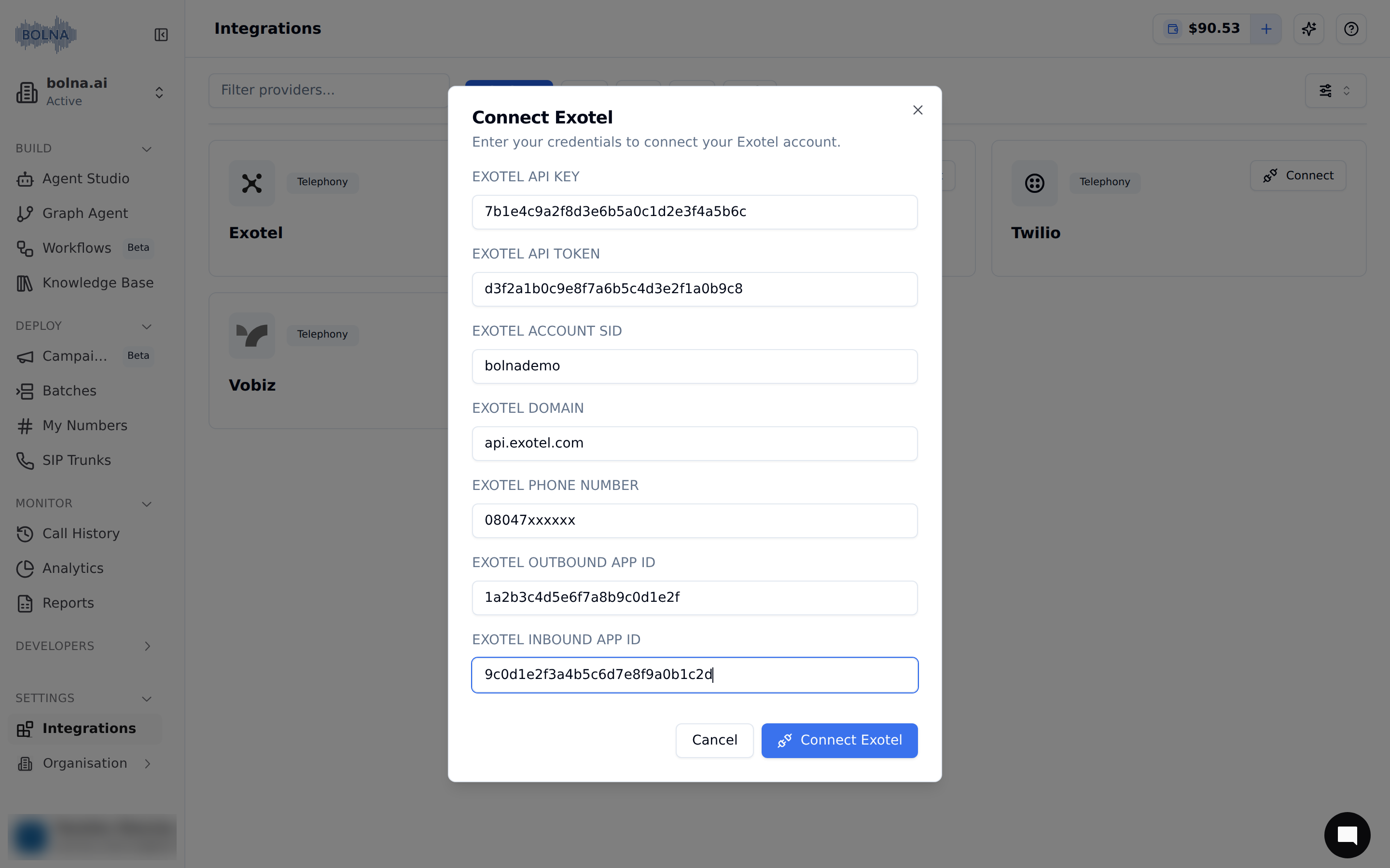 Exotel account connection confirmation screen in Bolna showing connect button to finalize telephony provider integration
