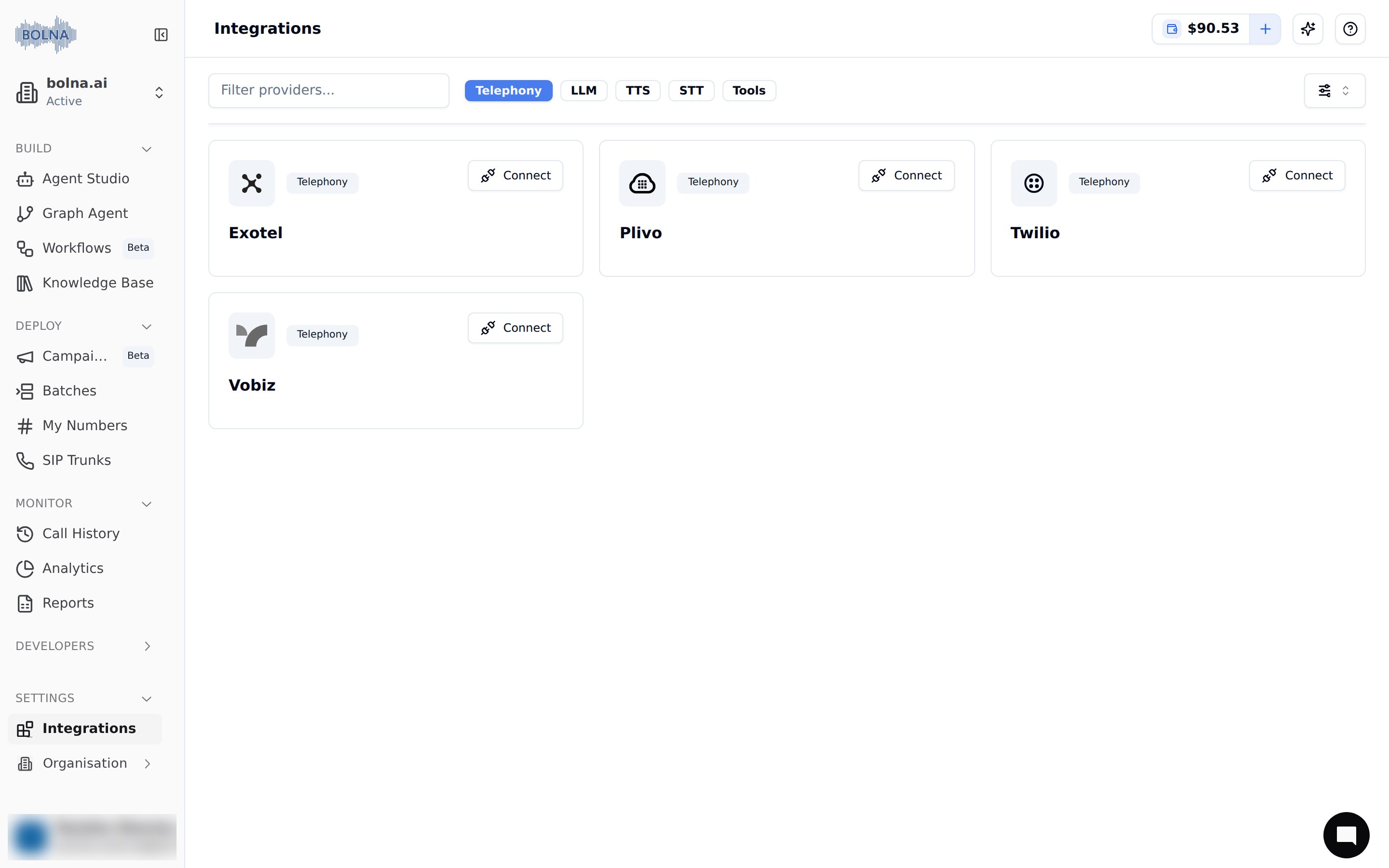 Settings → Integrations page in the Bolna dashboard filtered to Telephony, showing the Connect button on the Plivo card for integrating Plivo telephony with Voice AI agents