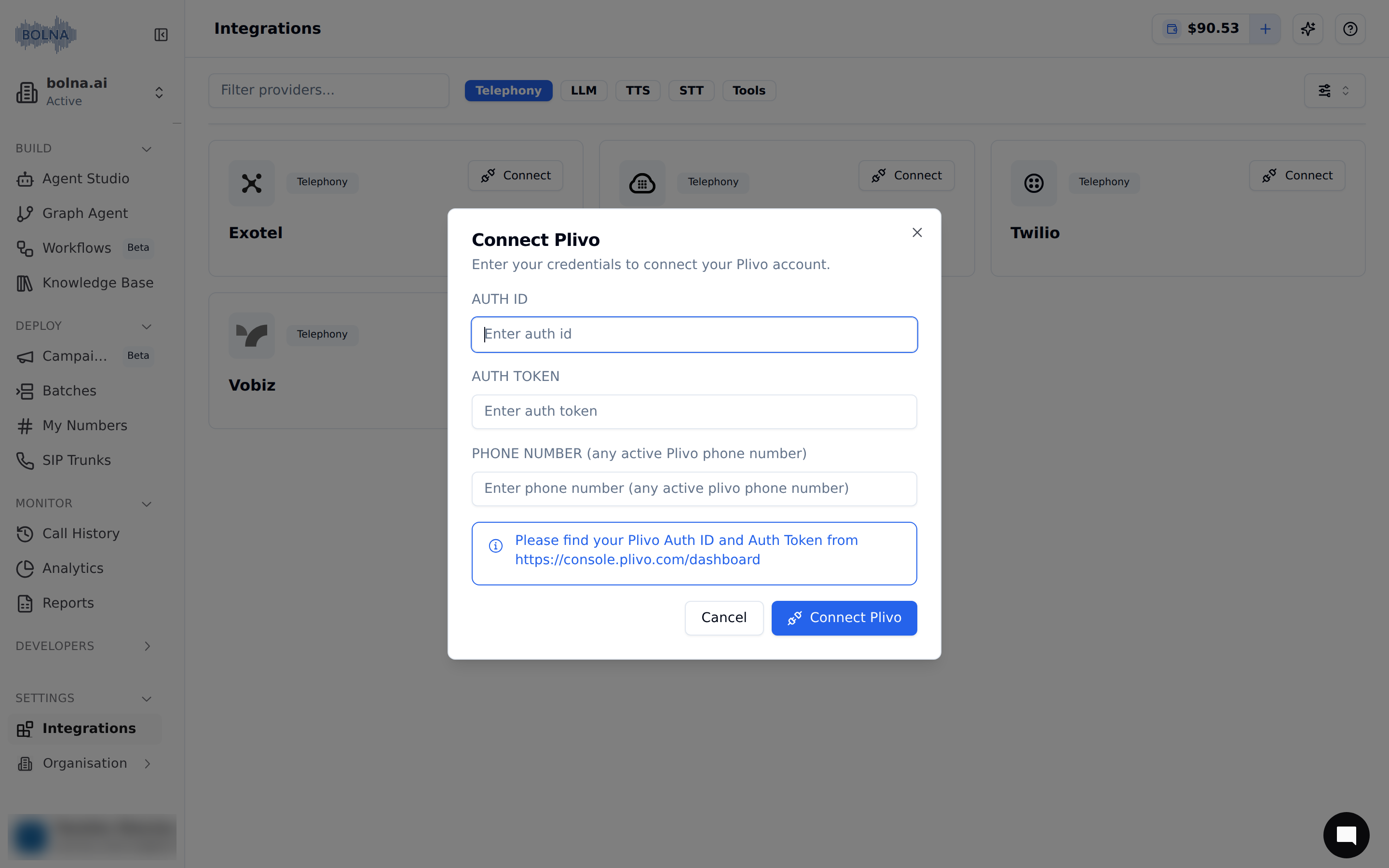Plivo account connection form in Bolna showing Auth ID and Auth Token input fields for establishing secure connection
