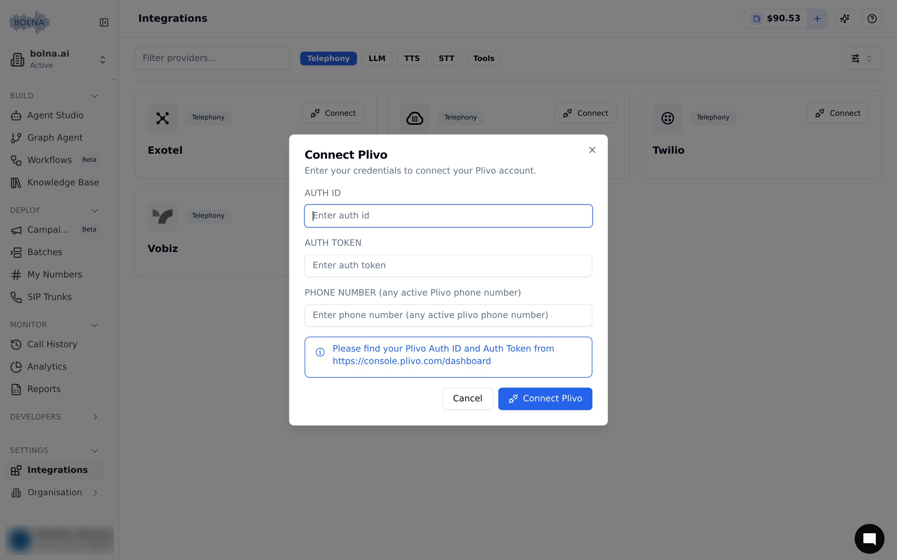 Plivo account connection form in Bolna showing Auth ID and Auth Token input fields for establishing secure connection