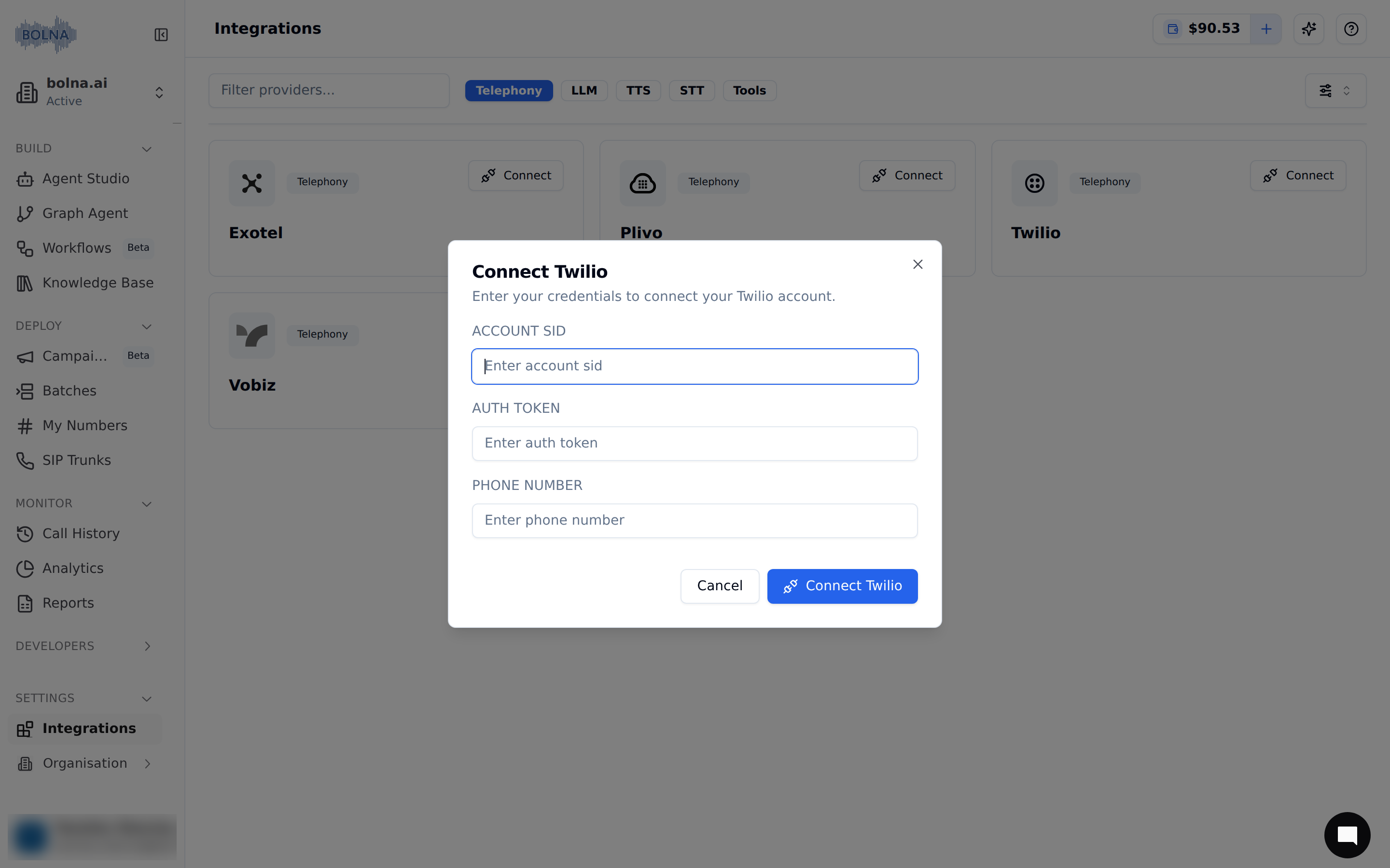Twilio account connection form in Bolna showing Account SID and Auth Token input fields for secure Twilio connection