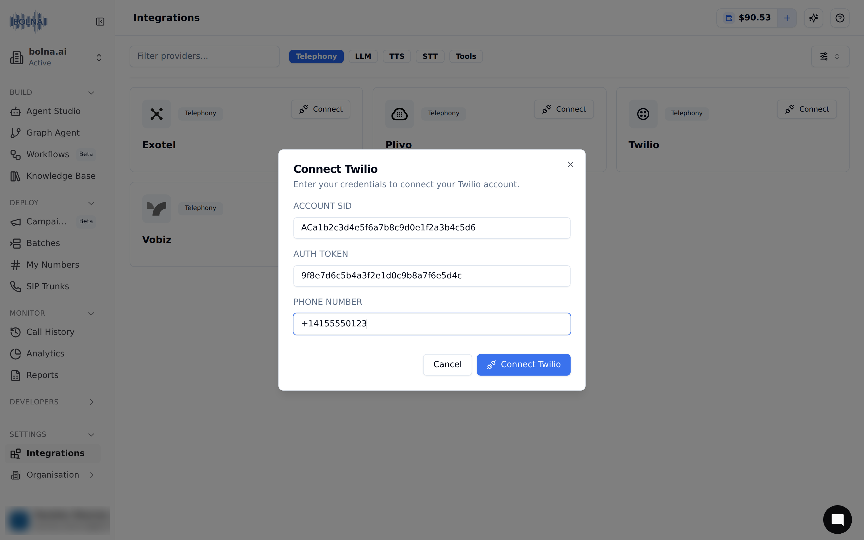 Twilio account connection confirmation screen in Bolna showing connect button to finalize Twilio telephony connection