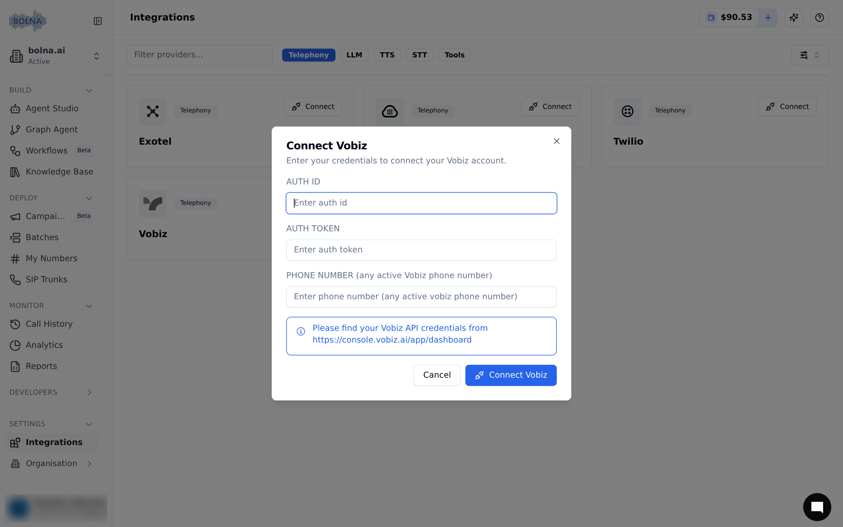 Vobiz account connection form in Bolna showing Auth ID and Auth Token input fields for establishing secure connection