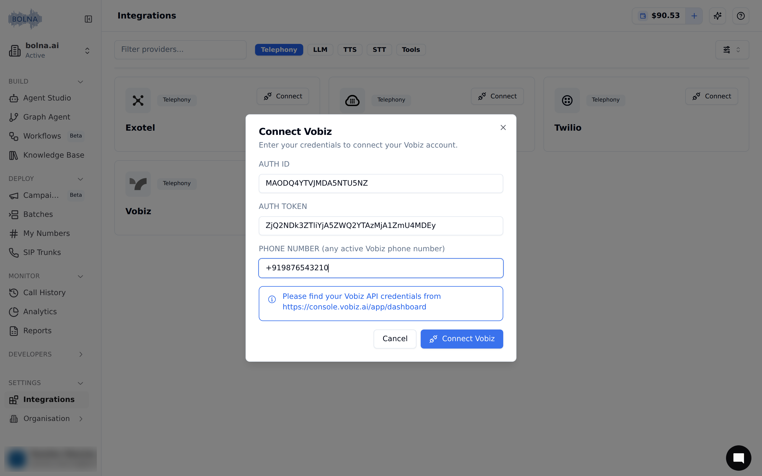 Vobiz account connection confirmation screen in Bolna showing connect button to finalize telephony provider integration