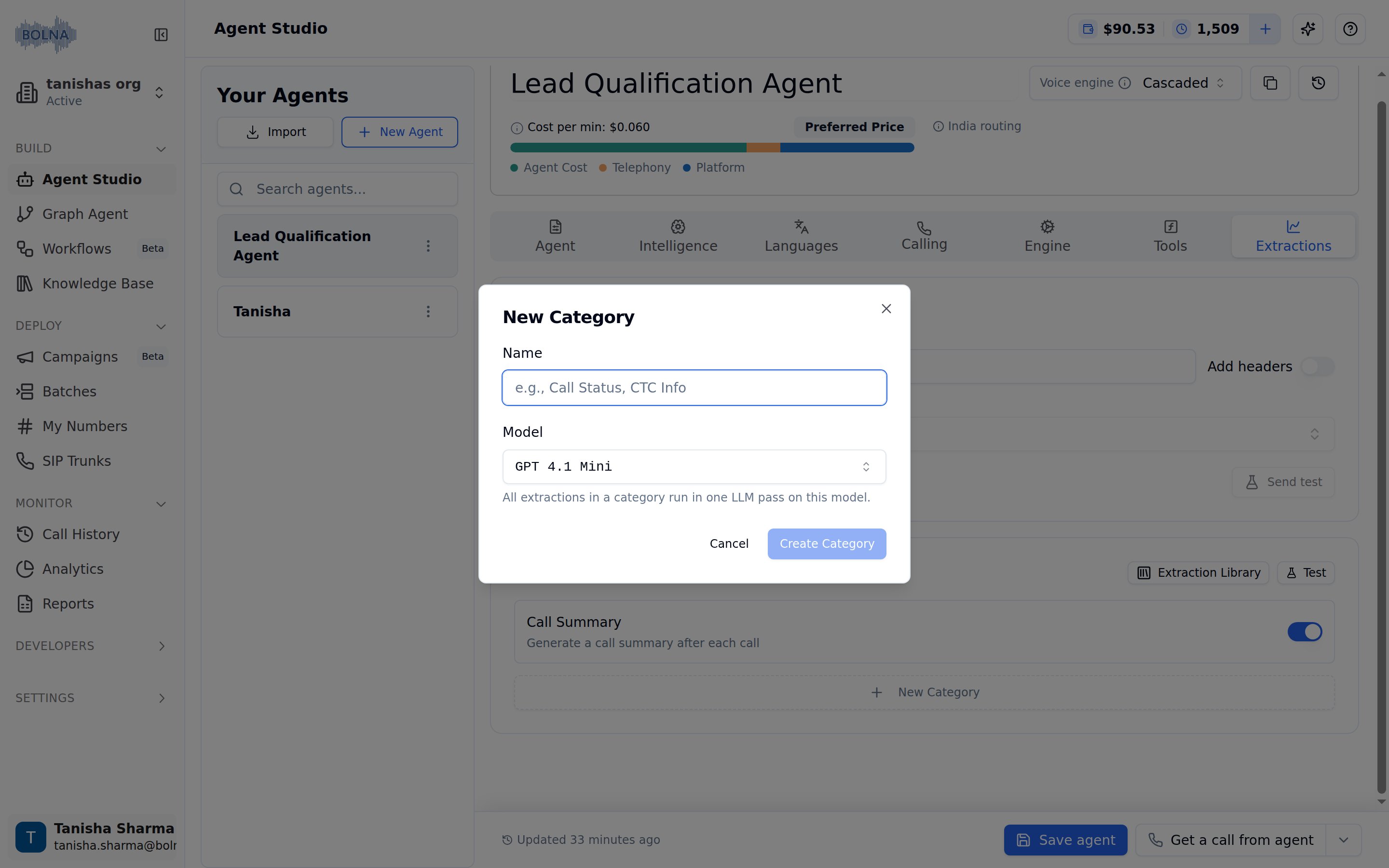 New Category modal with a Name field, a Model selector set to GPT 4.1 Mini, a note that all extractions in a category run in one LLM pass on this model, and Cancel and Create Category buttons