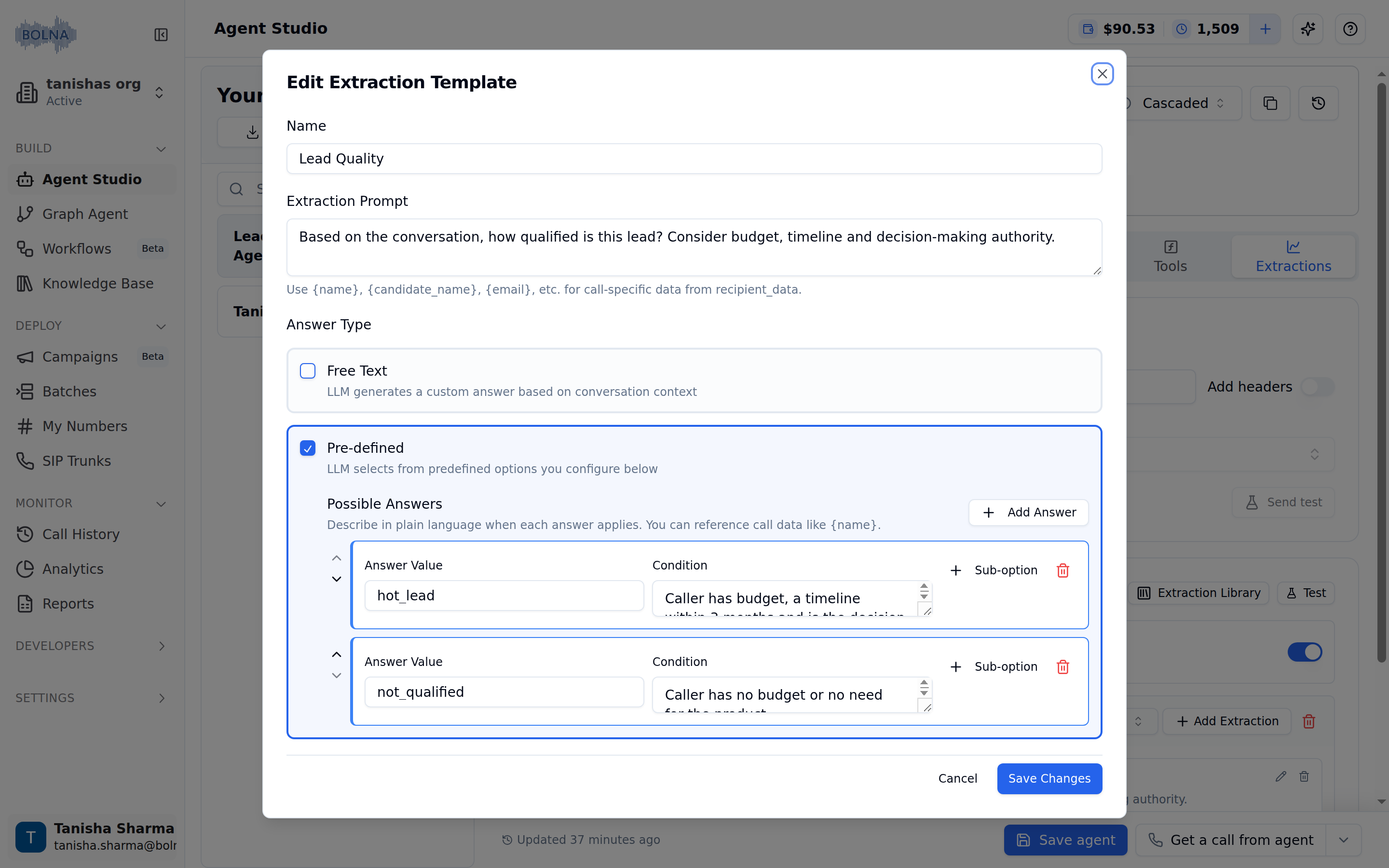 Edit Extraction Template modal for Lead Quality with its extraction prompt, an unchecked Free Text box, a checked Pre-defined box and Possible Answers rows hot_lead and not_qualified, each with a condition, a Sub-option button and a delete icon, plus Cancel and Save Changes buttons