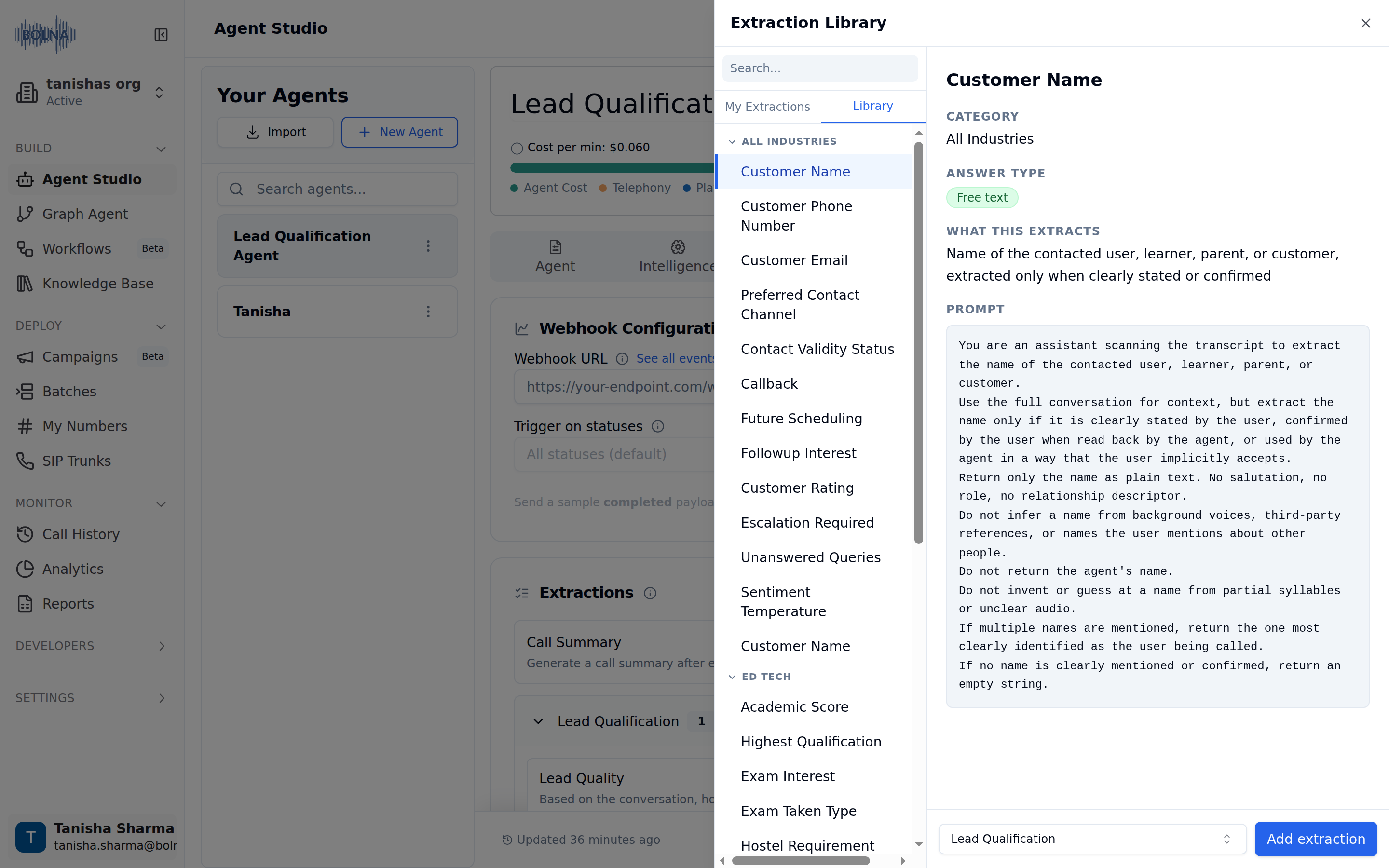 Extraction Library panel on the Library tab listing templates grouped by All Industries and Ed Tech, with a detail pane for Customer Name showing answer type Free text, a what this extracts summary and the full prompt