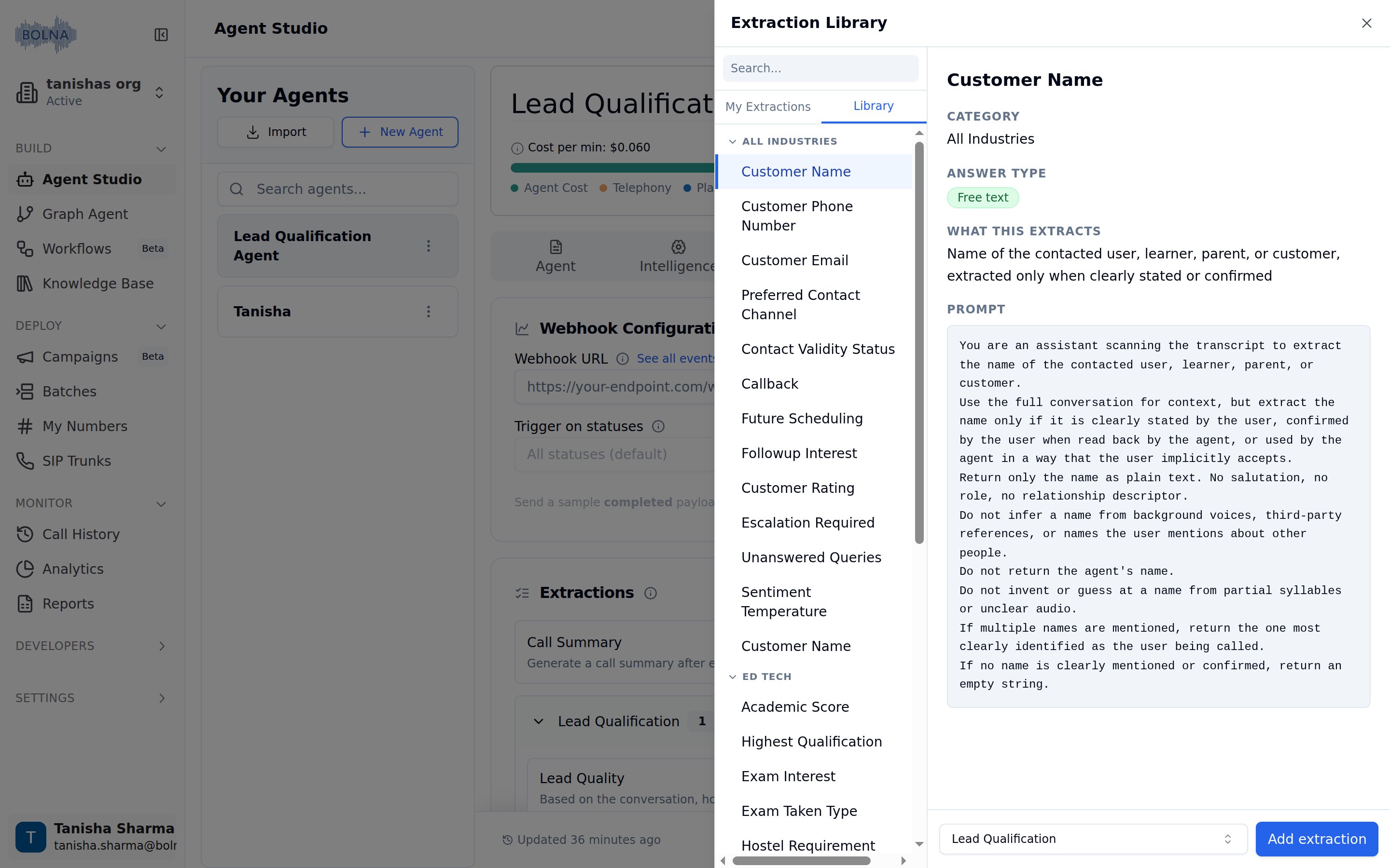 Extraction Library panel on the Library tab listing templates grouped by All Industries and Ed Tech, with a detail pane for Customer Name showing answer type Free text, a what this extracts summary and the full prompt