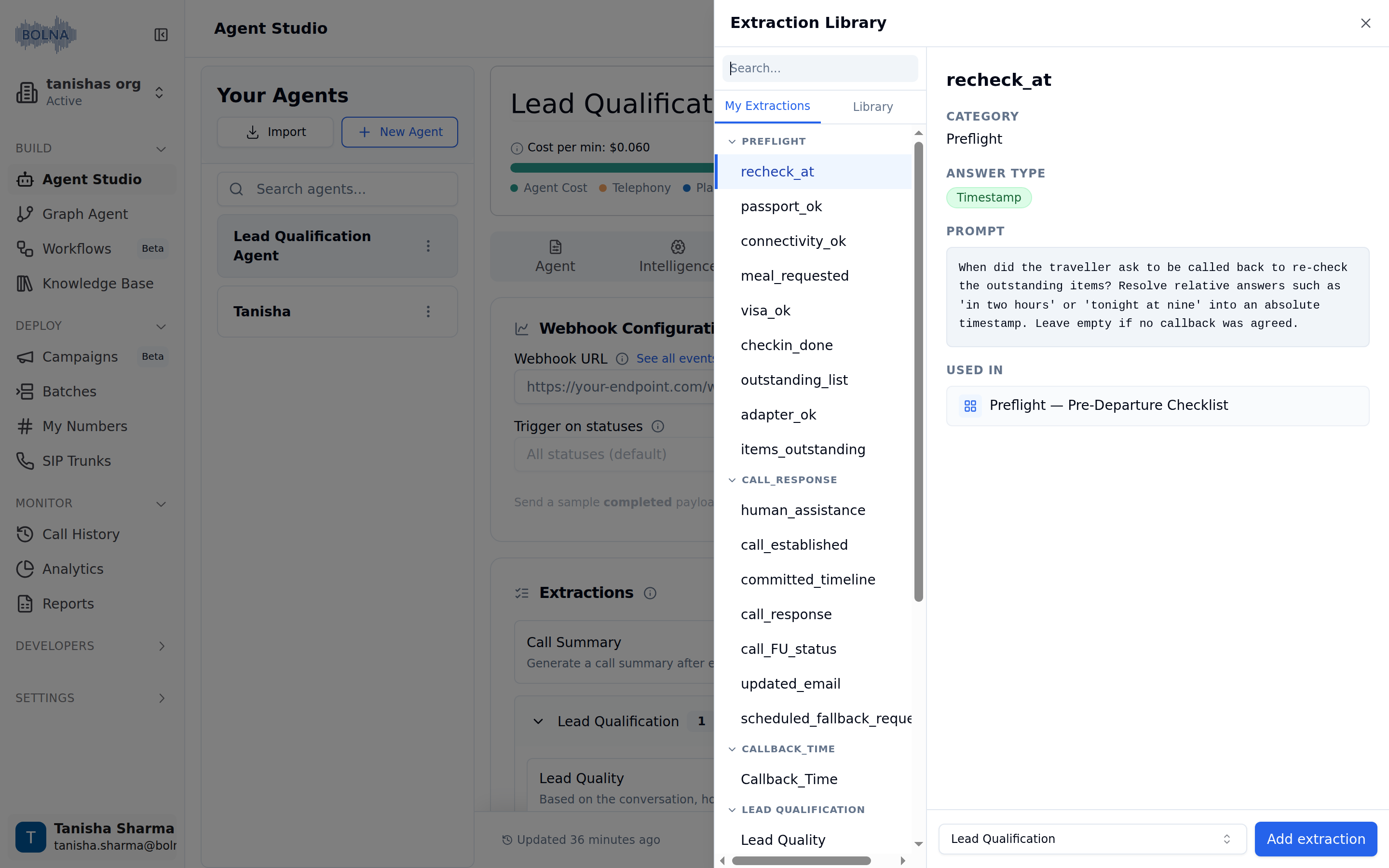 Extraction Library panel with a search box, My Extractions and Library tabs, a list of workspace extractions grouped by category, and a detail pane showing the selected extraction's category, answer type Timestamp, prompt and Used in list, with a category selector and Add extraction button