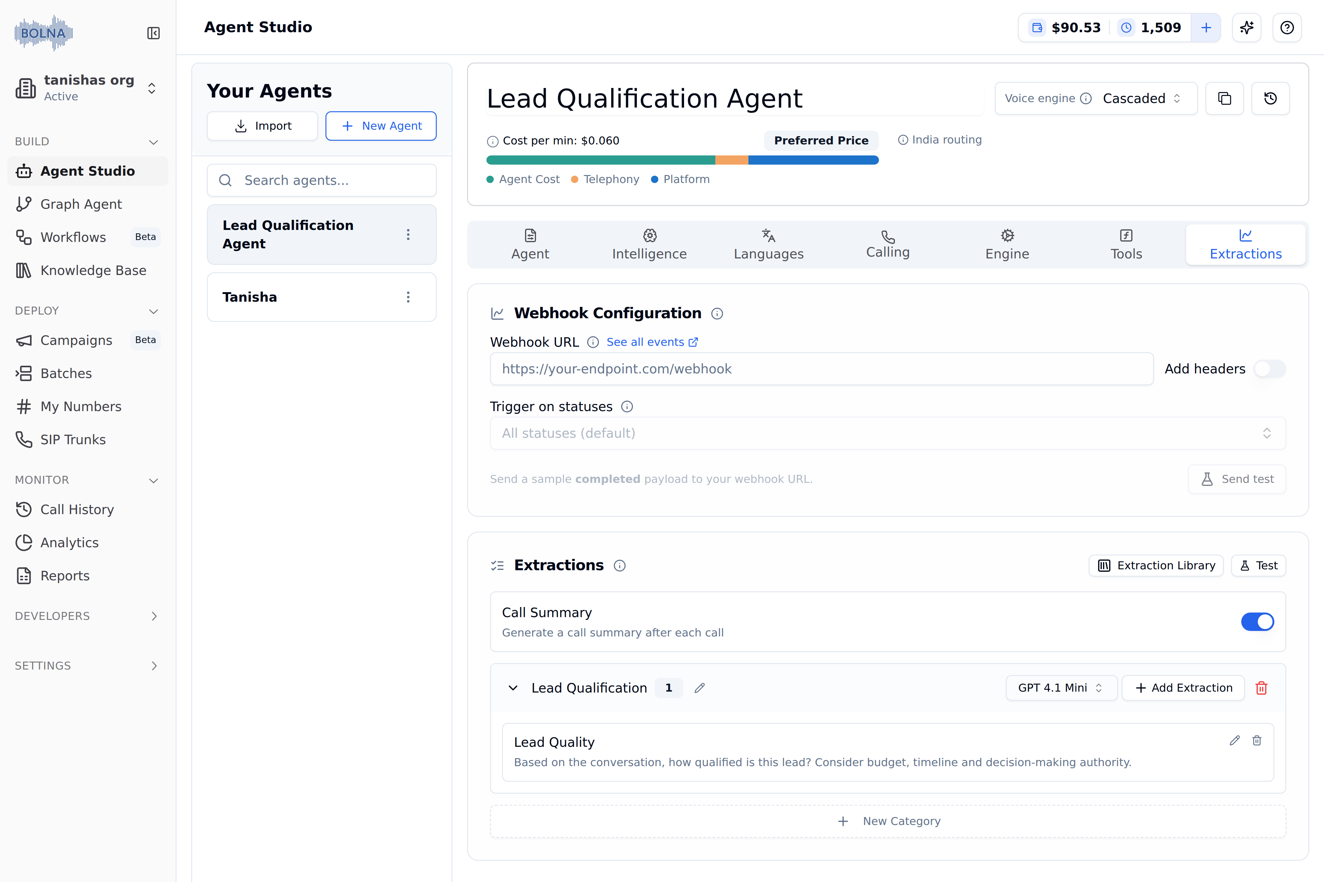 Extractions Tab in Agent Studio showing a Webhook Configuration card with a Webhook URL field, an Add headers toggle, a Trigger on statuses selector and a Send test button, above an Extractions card with Extraction Library and Test buttons, a Call Summary toggle, a Lead Qualification category running GPT 4.1 Mini and a New Category button