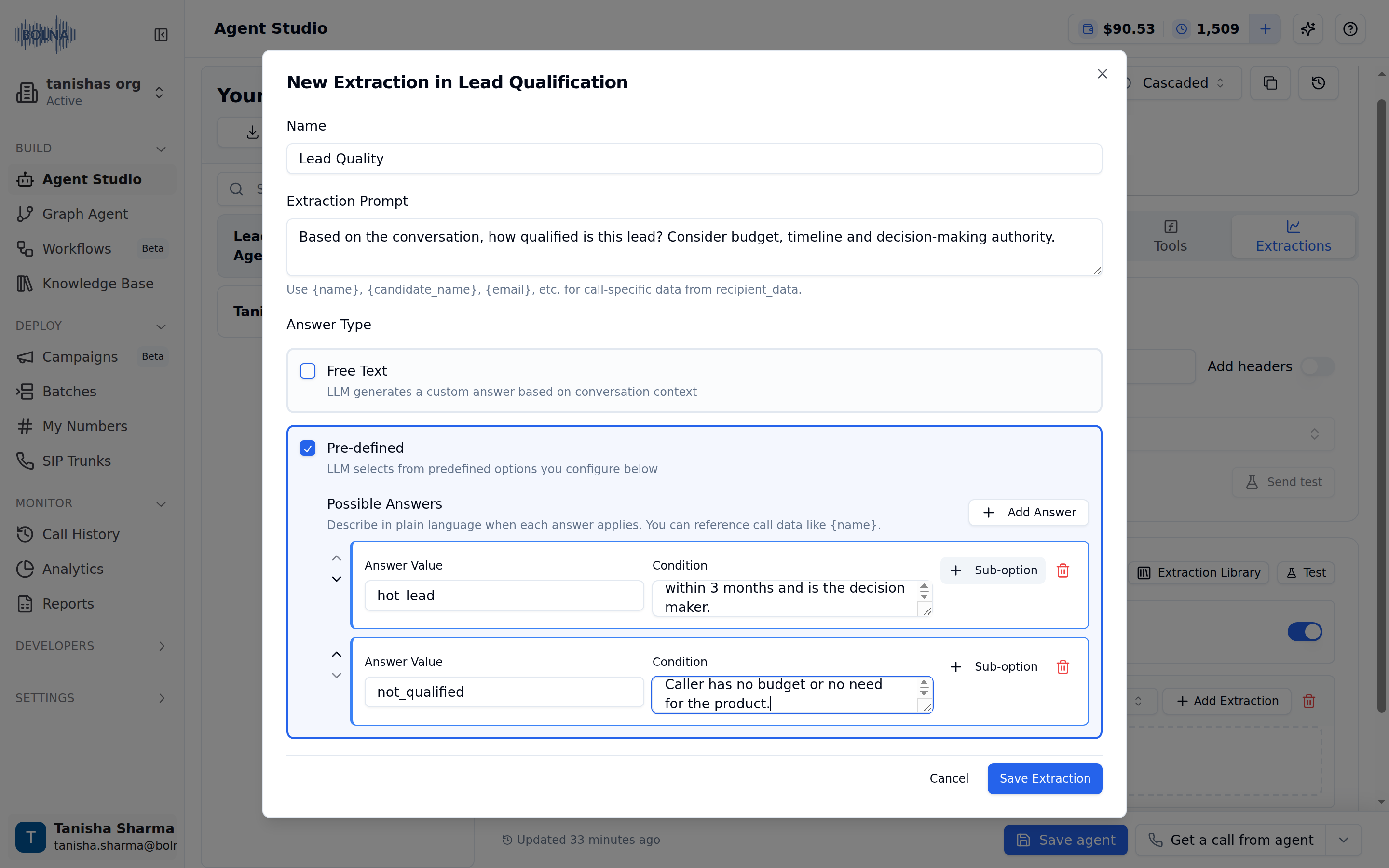New Extraction in Lead Qualification modal with Name and Extraction Prompt fields, Free Text and Pre-defined answer type checkboxes, and two Possible Answers rows hot_lead and not_qualified each with a condition, plus Cancel and Save Extraction buttons