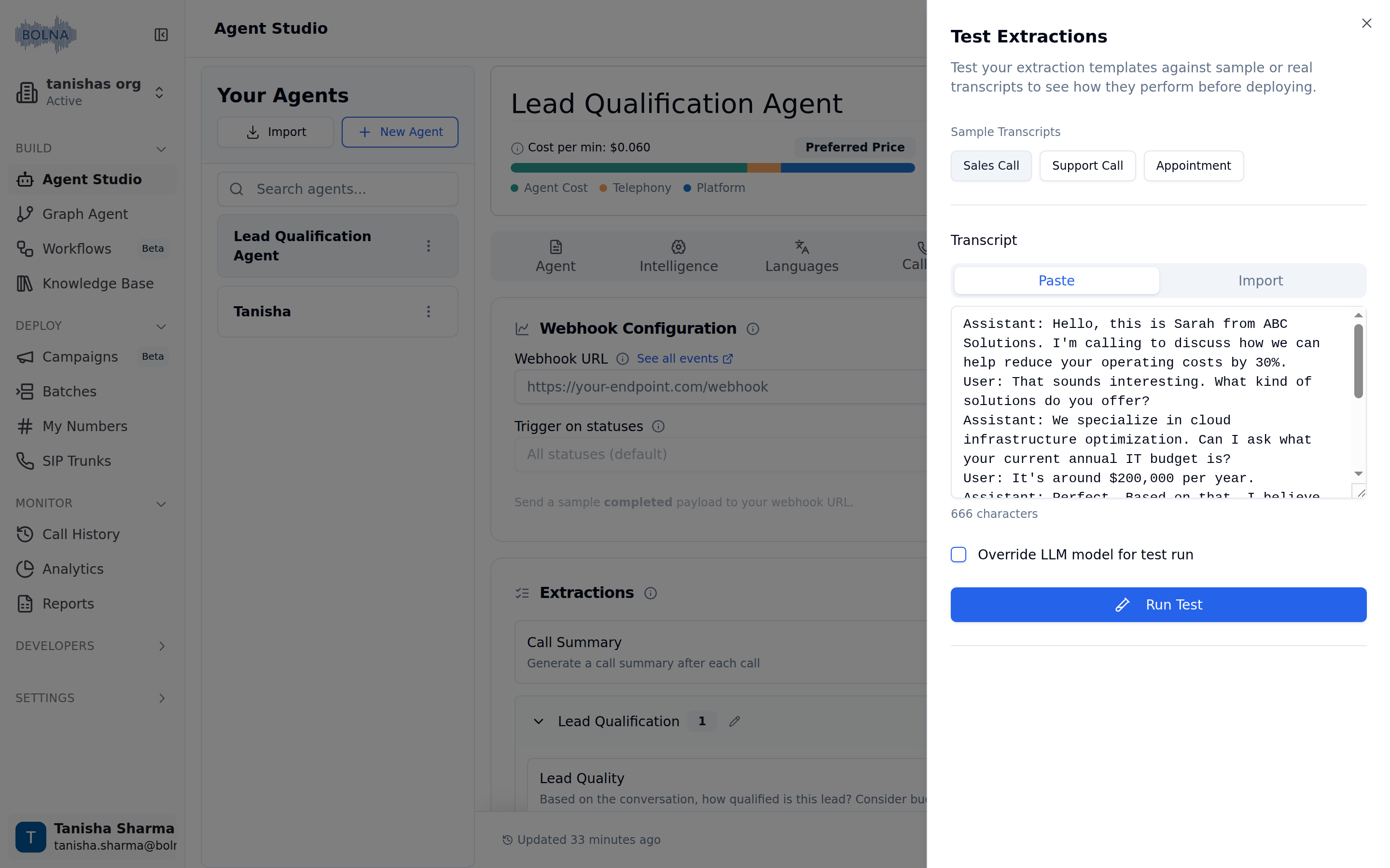 Test Extractions side panel with Sales Call, Support Call and Appointment sample transcript buttons, Paste and Import tabs above a transcript text area, an Override LLM model for test run checkbox and a Run Test button