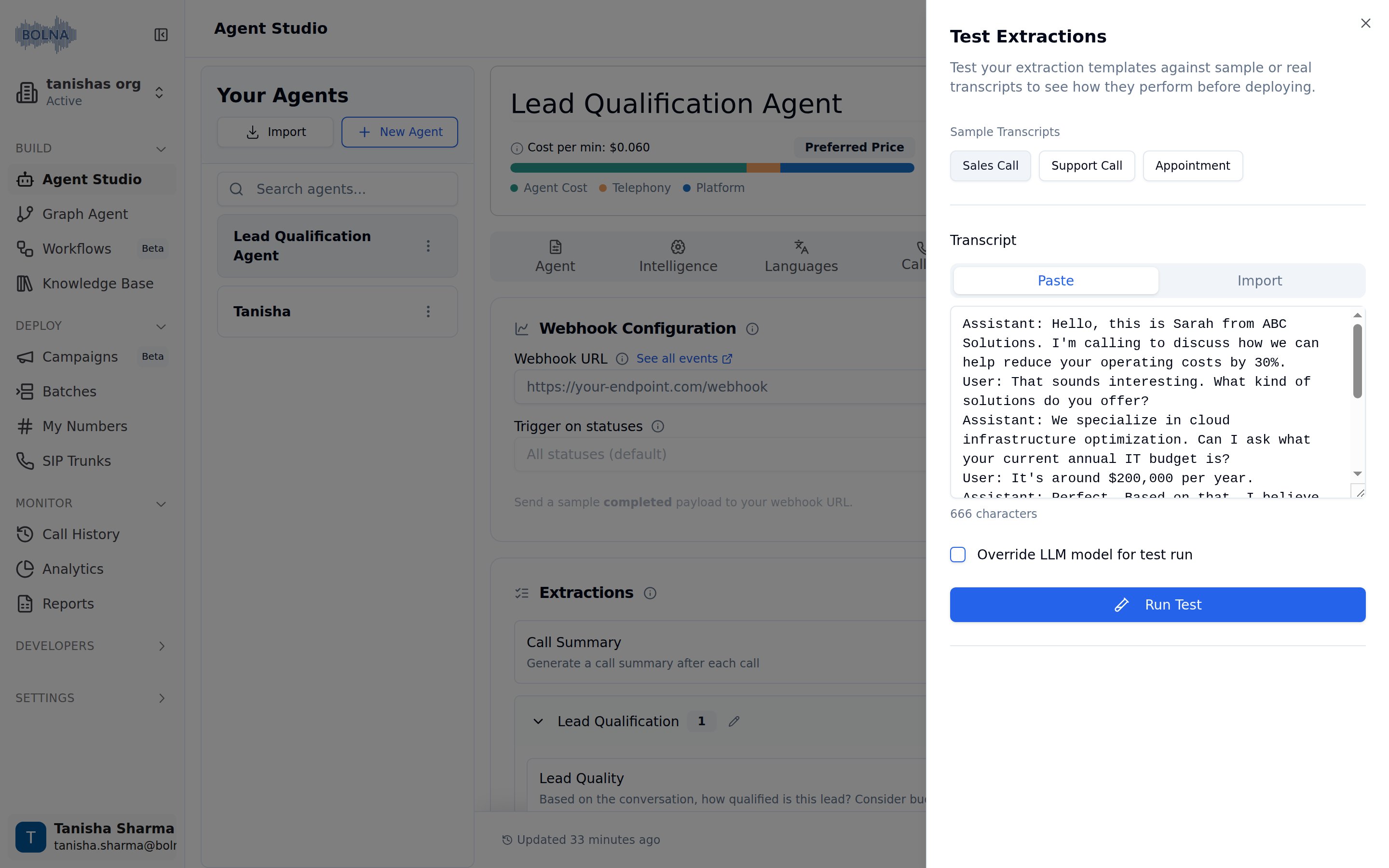 Test Extractions side panel with Sales Call, Support Call and Appointment sample transcript buttons, Paste and Import tabs above a transcript text area, an Override LLM model for test run checkbox and a Run Test button