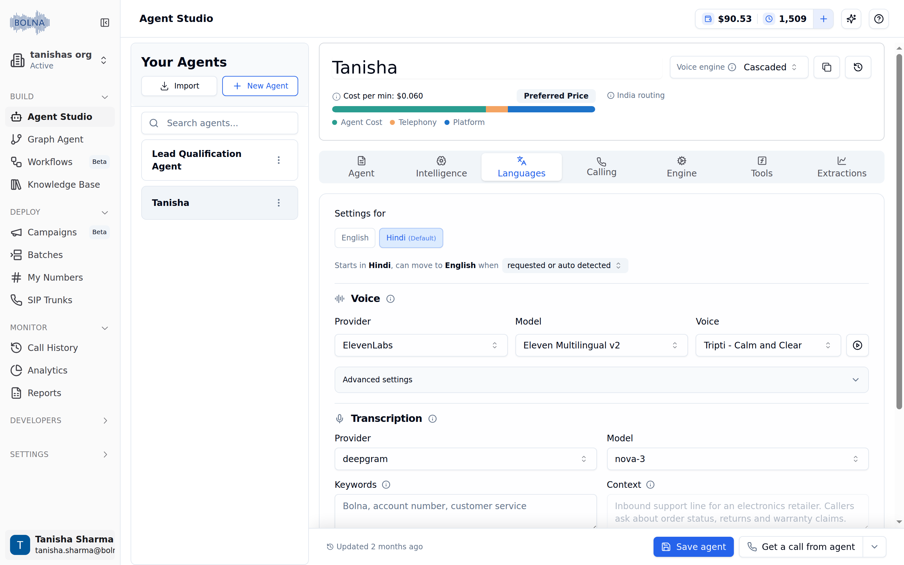Languages Tab with Settings for English and Hindi (Default), Voice section showing ElevenLabs provider, Eleven Multilingual v2 model and a voice selector with Advanced settings, and Transcription section with deepgram nova-3, Keywords and Context fields