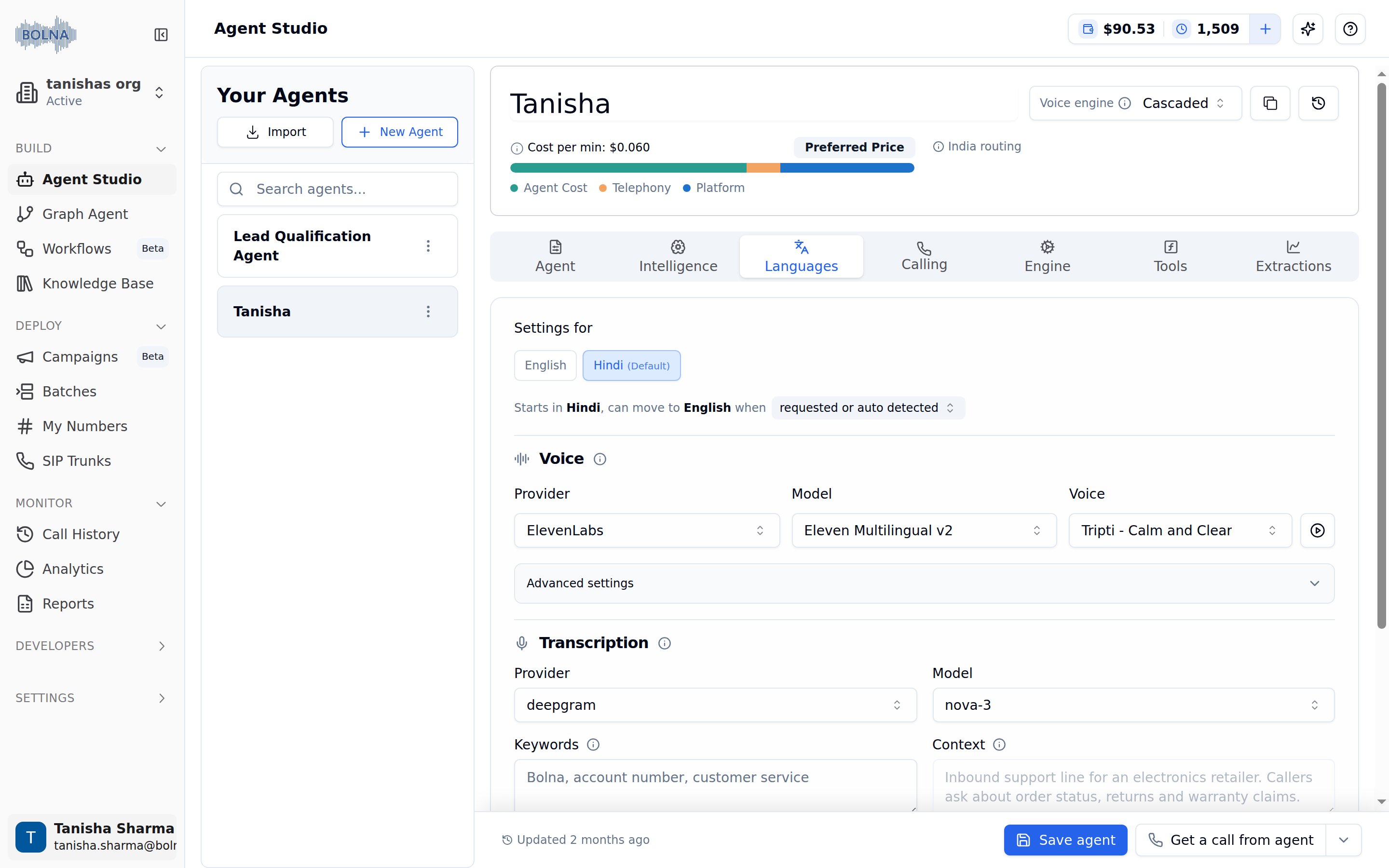 Languages Tab with Settings for English and Hindi (Default), Voice section showing ElevenLabs provider, Eleven Multilingual v2 model and a voice selector with Advanced settings, and Transcription section with deepgram nova-3, Keywords and Context fields