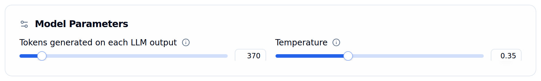 Model Parameters card with Tokens generated on each LLM output set to 370 and Temperature set to 0.35, each with a slider and numeric input