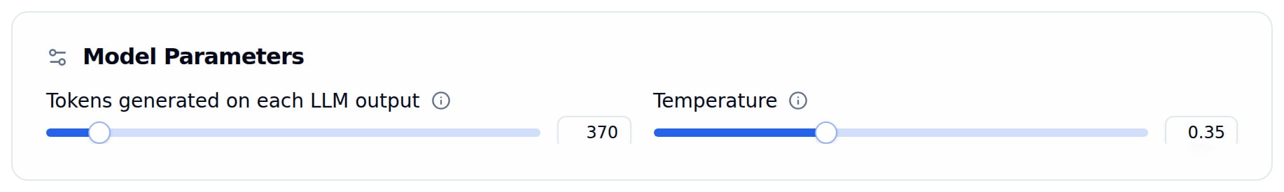 Model Parameters card with Tokens generated on each LLM output set to 370 and Temperature set to 0.35, each with a slider and numeric input
