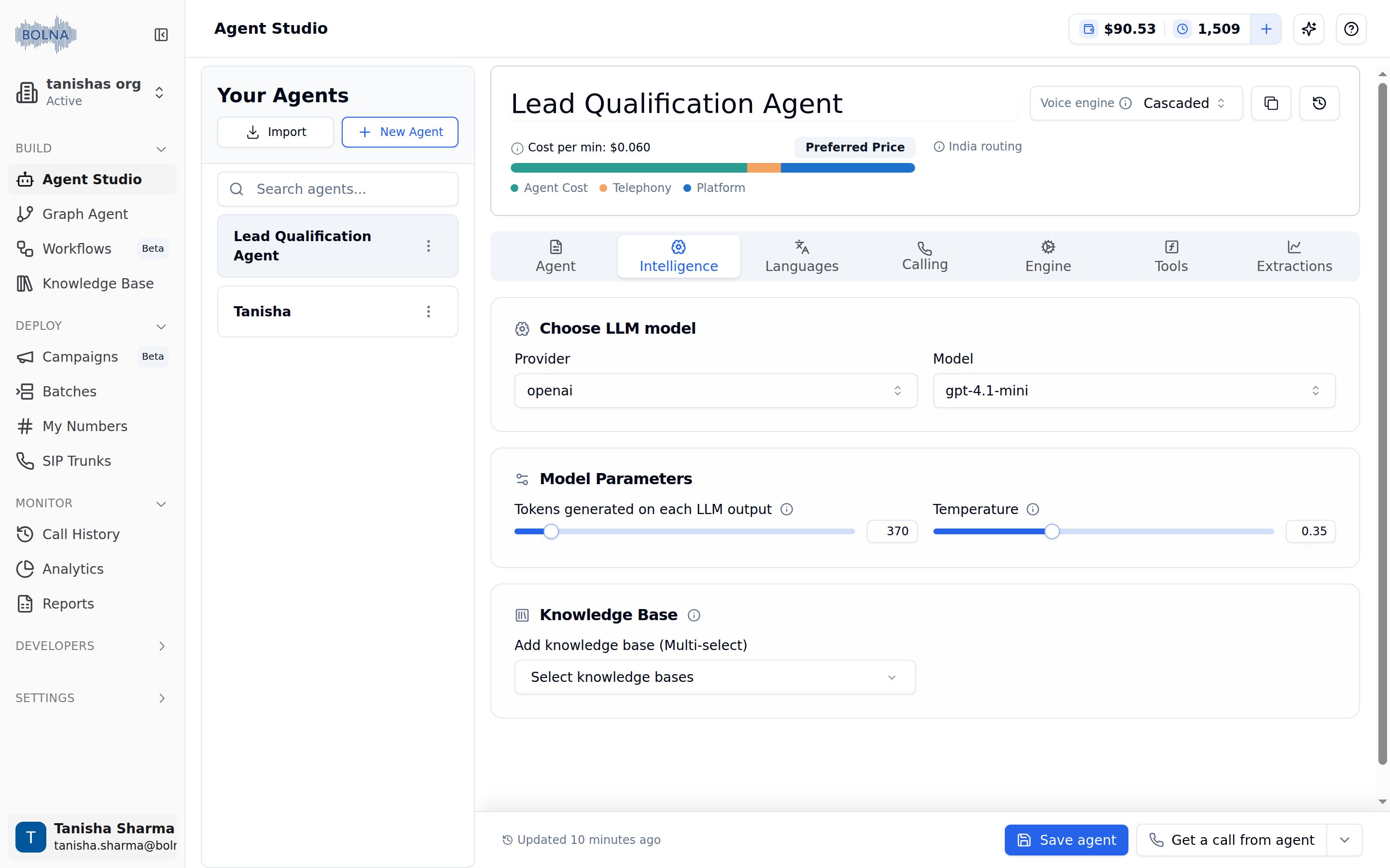 Intelligence Tab in Agent Studio showing Choose LLM model with openai and gpt-4.1-mini, Model Parameters with token and temperature sliders, and a Knowledge Base multi-select
