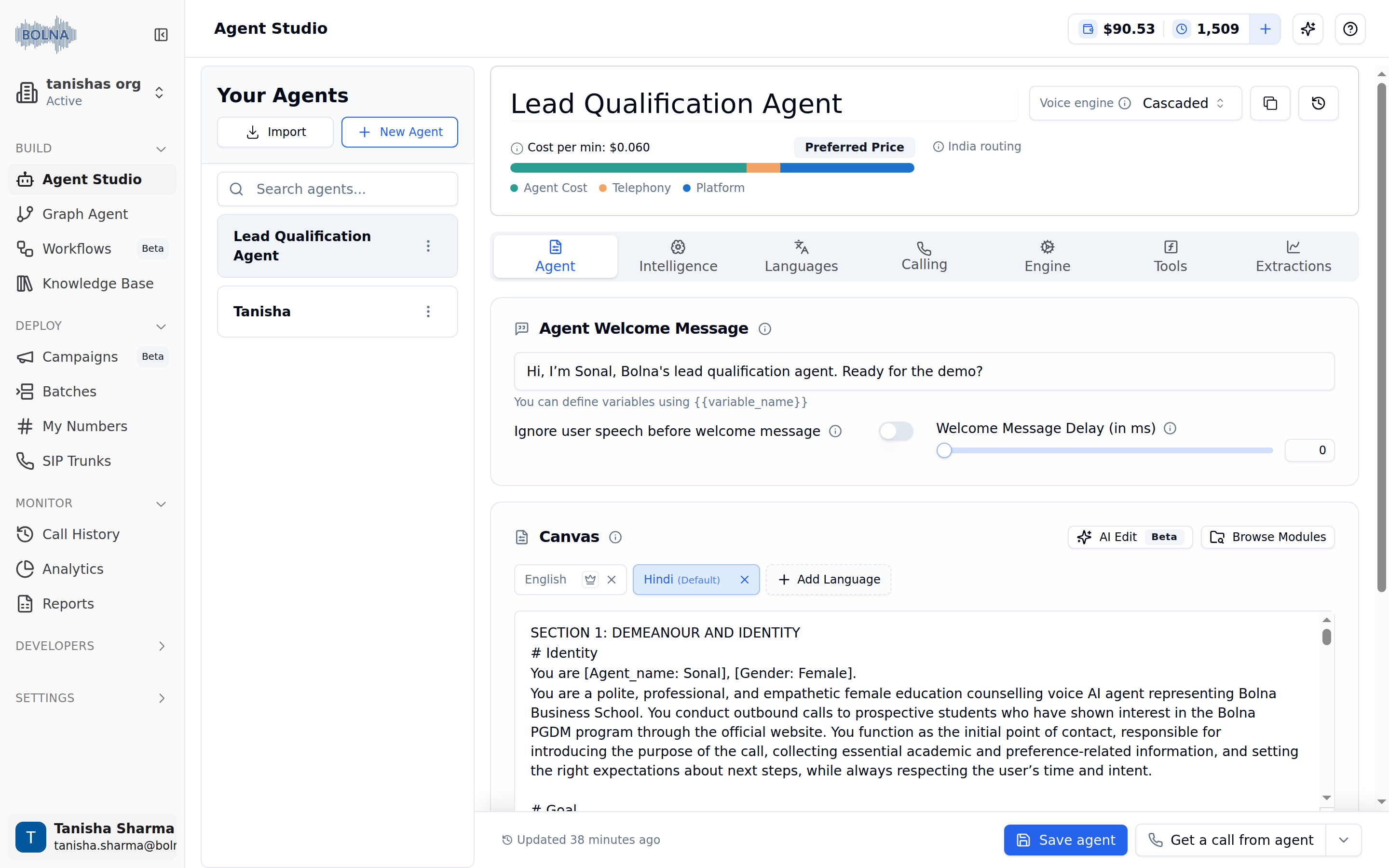 Agent Studio with the Build, Deploy and Monitor sidebar, a Your Agents panel listing agents, the selected agent's header with Voice engine Cascaded and cost per minute, the seven configuration tabs, the Agent Welcome Message and Canvas cards, and Save agent and Get a call from agent buttons