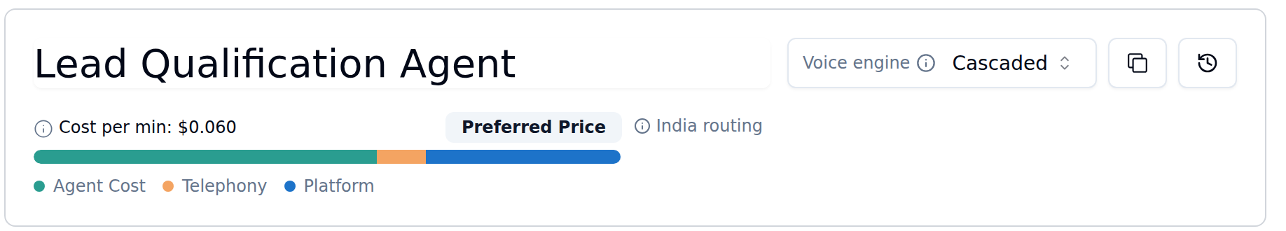 Agent header with the editable agent name, a Voice engine selector set to Cascaded, copy Agent ID and call history icon buttons, a Cost per min bar split into Agent Cost, Telephony and Platform with a Preferred Price badge and an India routing label