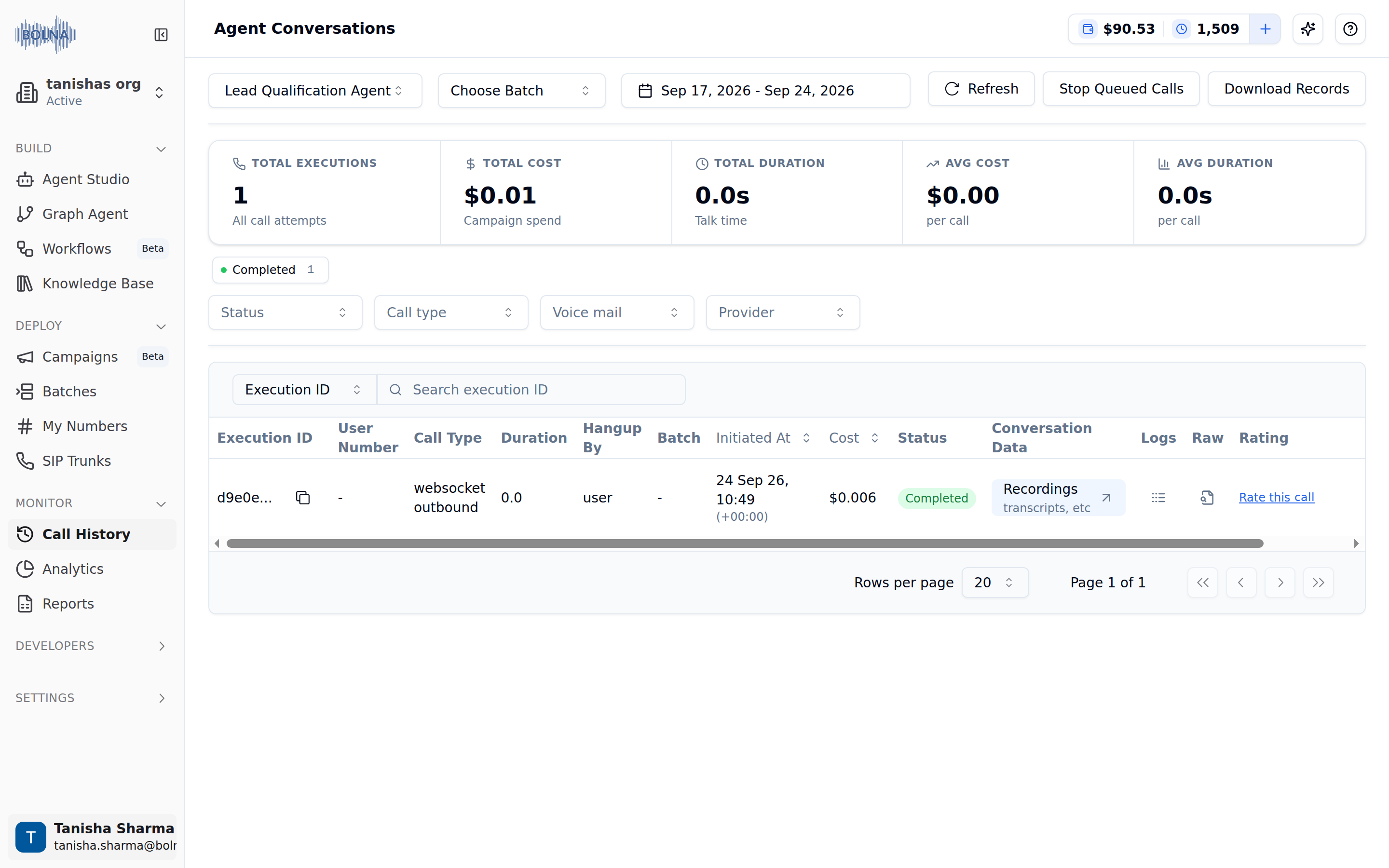 Agent Conversations page with agent, batch and date-range pickers, Refresh, Stop Queued Calls and Download Records buttons, Total Executions, Total Cost, Total Duration, Avg Cost and Avg Duration cards, status filters and a table of executions