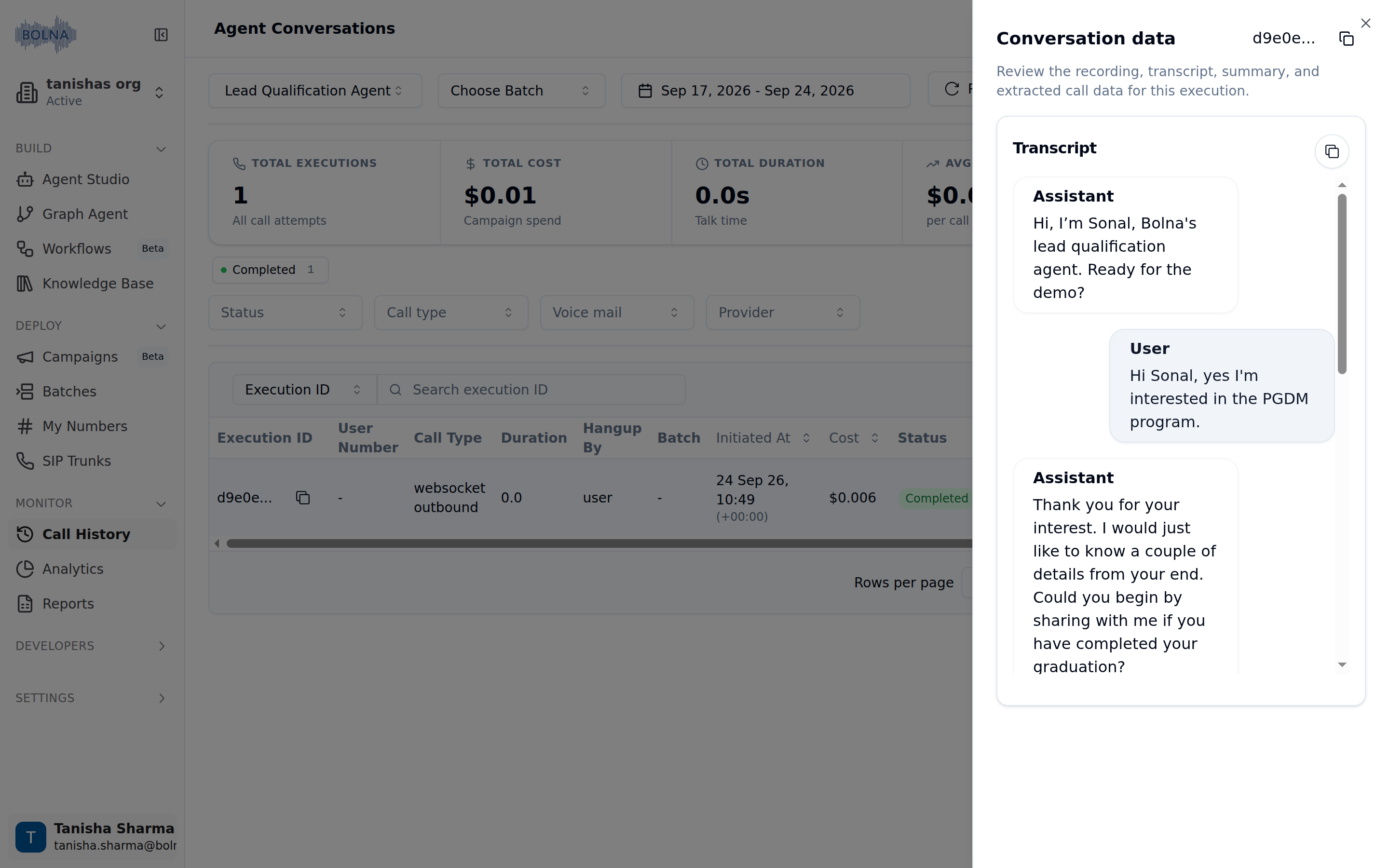 Conversation data side panel headed by the execution ID with a copy button and a Transcript card showing alternating Assistant and User messages