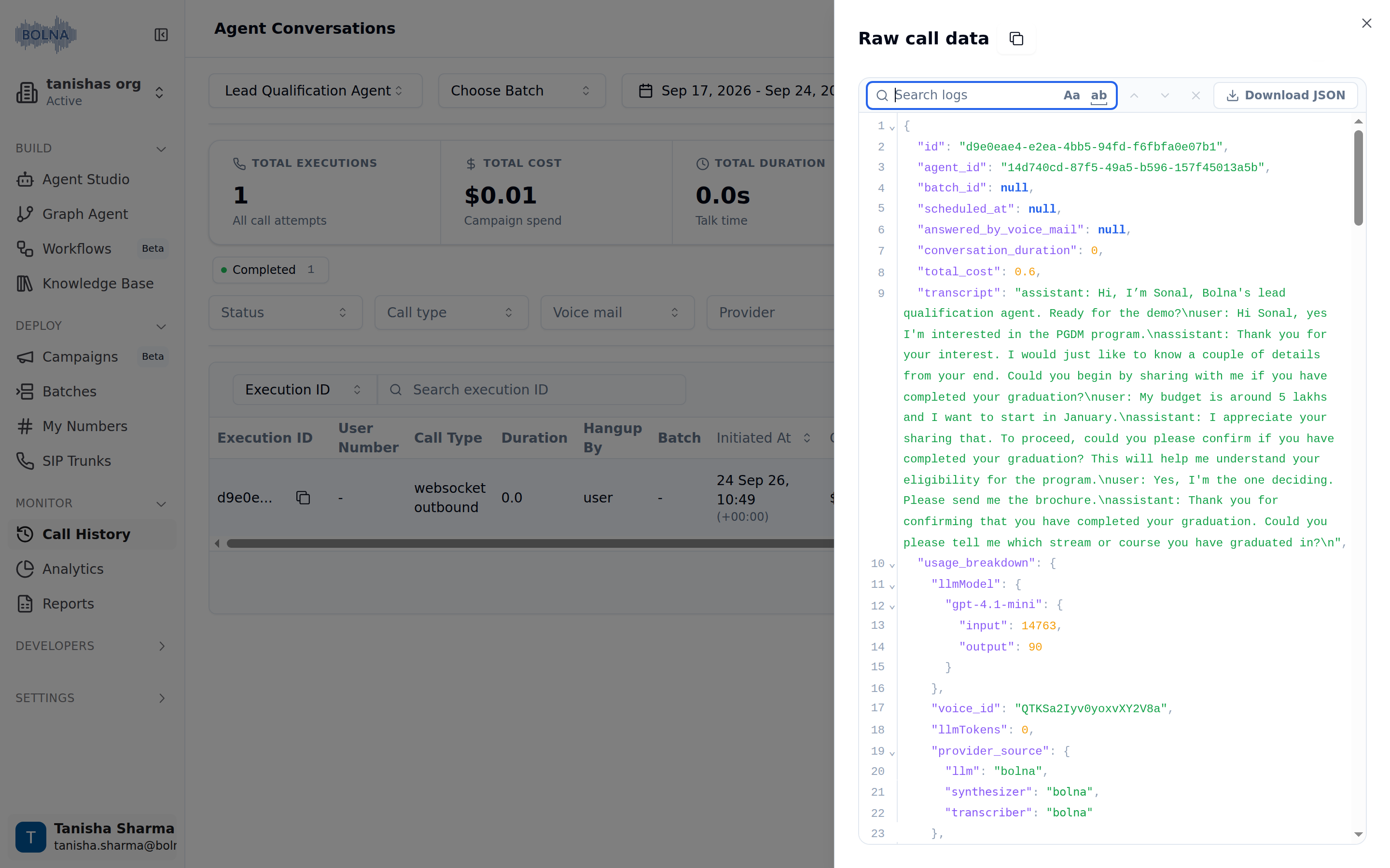 Raw call data side panel with a Search logs box, a Download JSON button and the execution JSON showing id, agent_id, transcript, total_cost and usage_breakdown