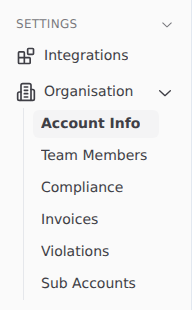 Sidebar Settings section with Integrations and an expanded Organisation menu listing Account Info, Team Members, Compliance, Invoices, Violations and Sub Accounts
