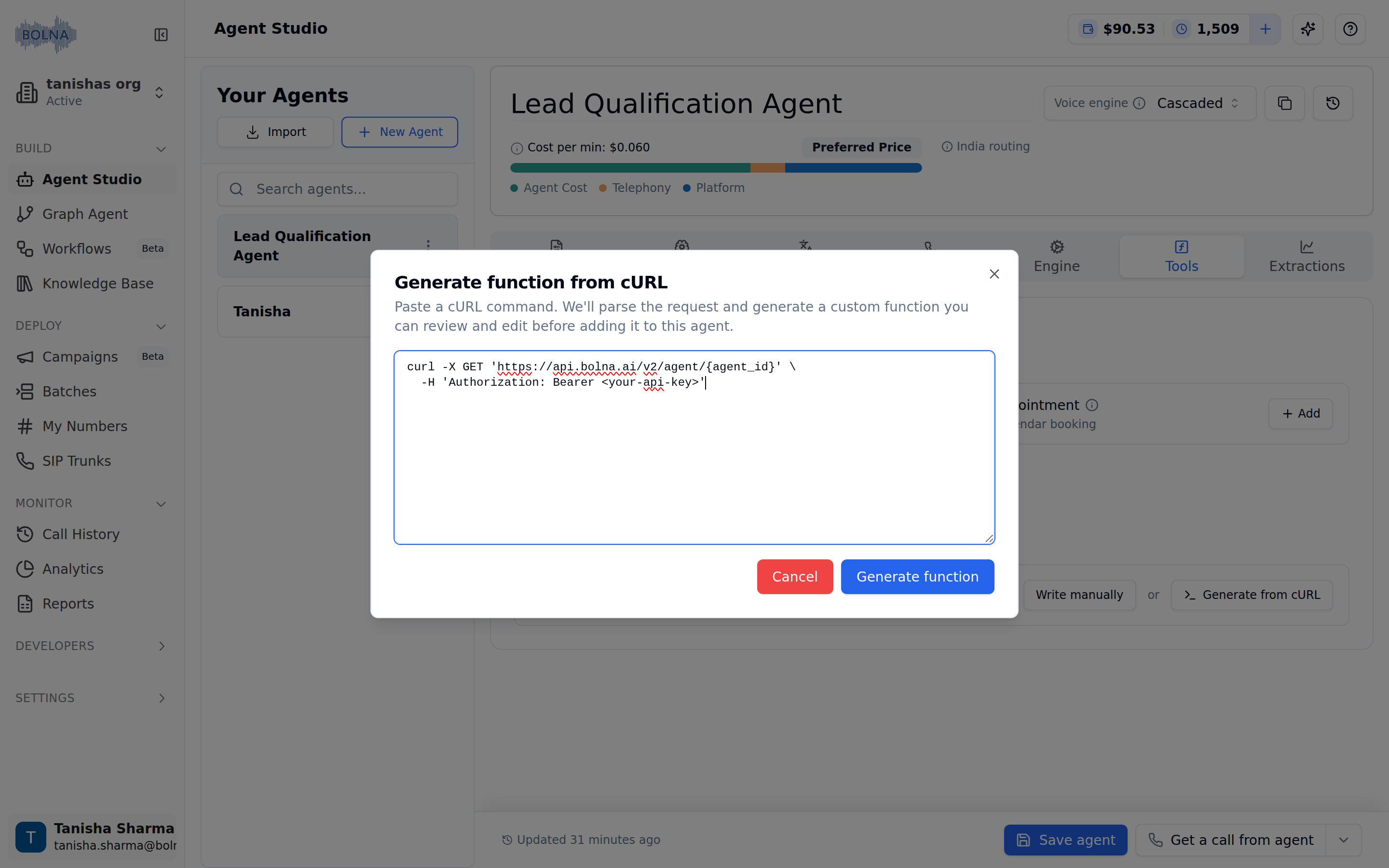Bolna Generate function from cURL modal with text area containing a sample curl GET request to api.bolna.ai with Authorization Bearer header, Cancel button and Generate function button