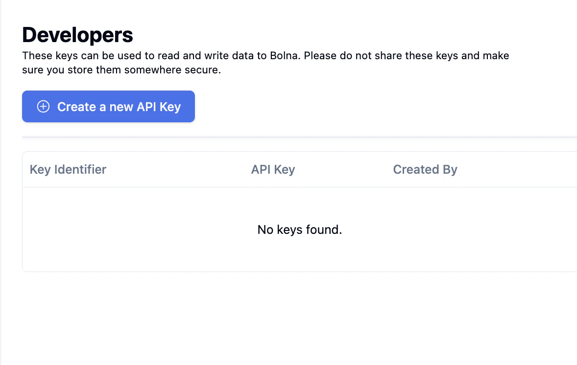 Developers page showing the Create a new API Key button