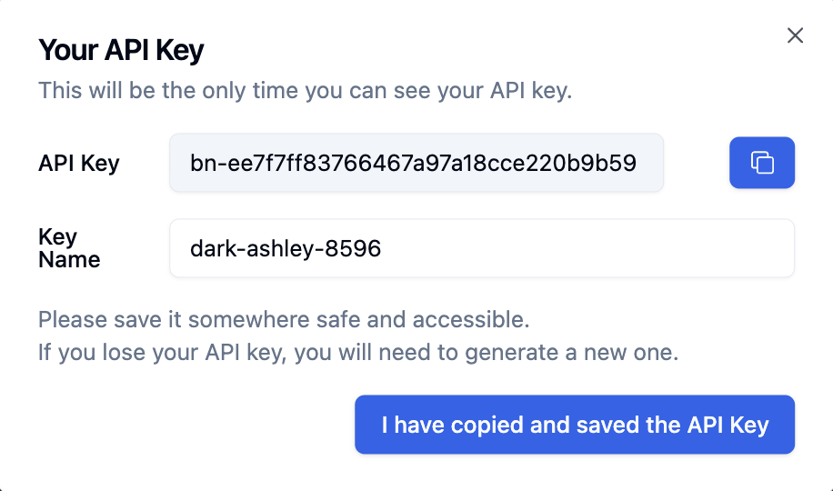API Key generation modal showing the newly created secret key