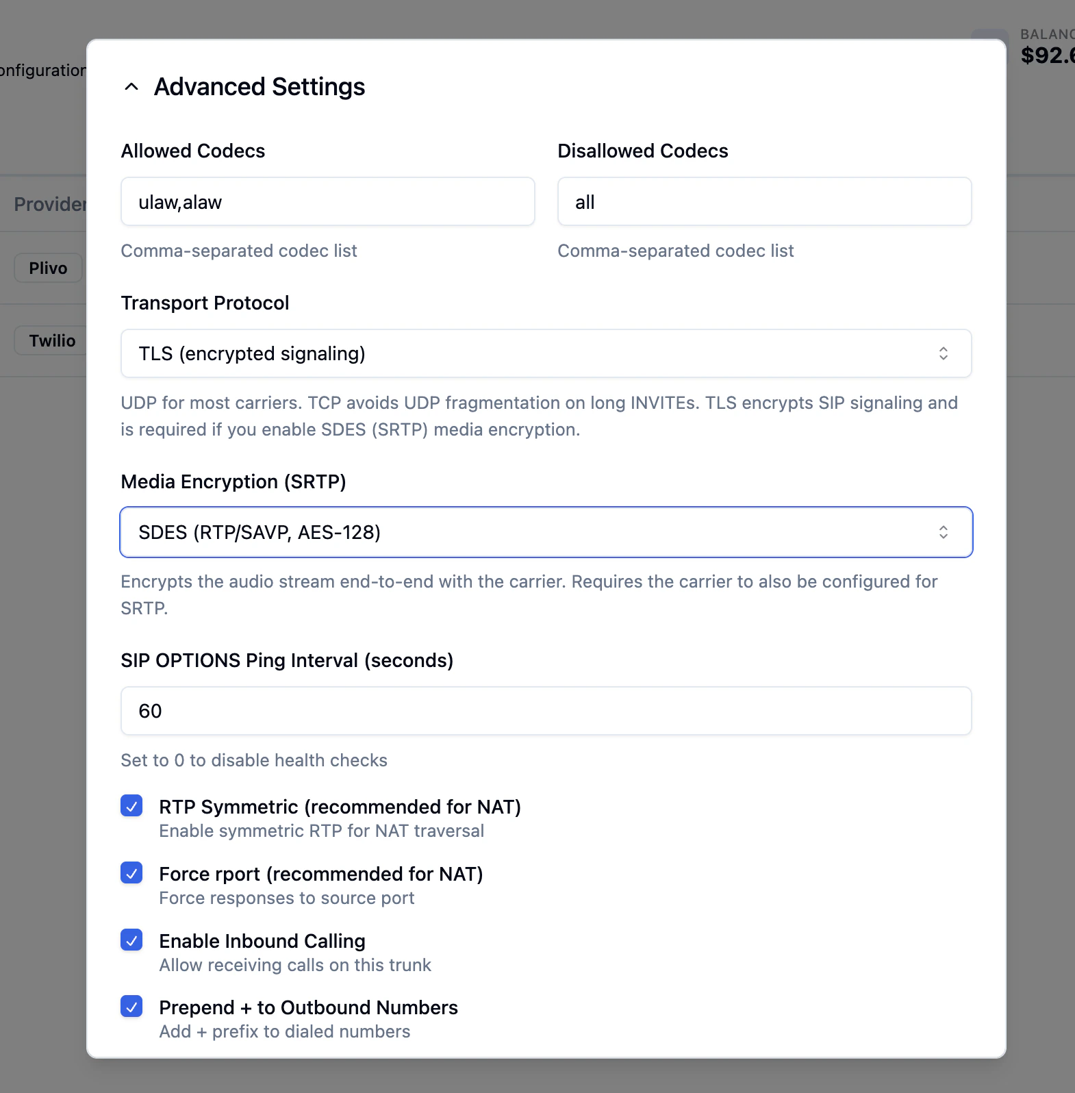 SIP Trunk advanced settings with Transport set to TLS and Media Encryption set to SDES