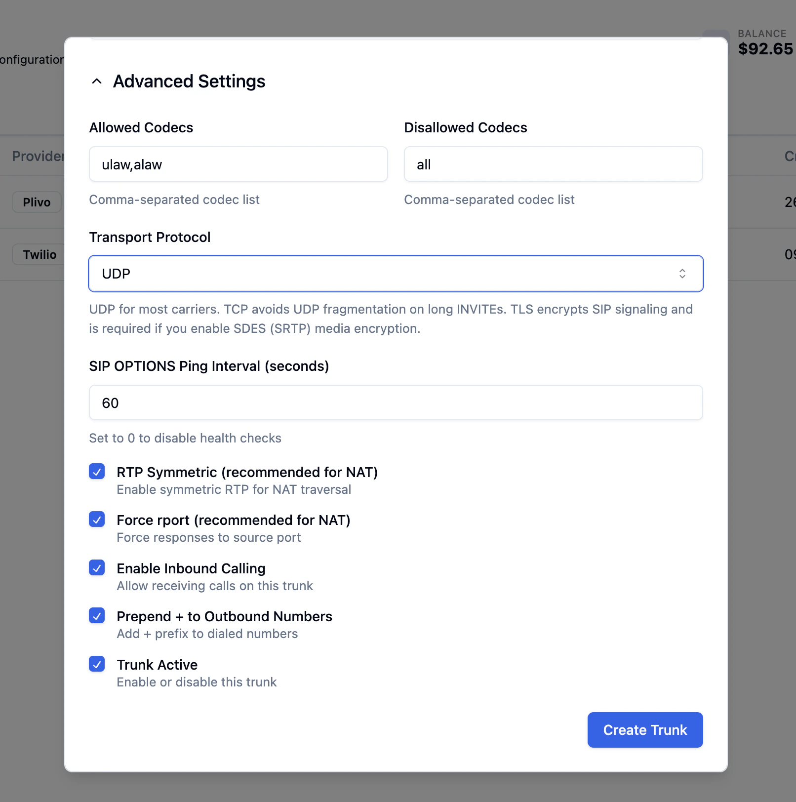 SIP Trunk advanced settings with Transport set to UDP