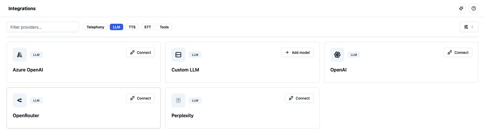 Integrations page filtered to LLM providers, showing the Custom LLM card with an Add model button