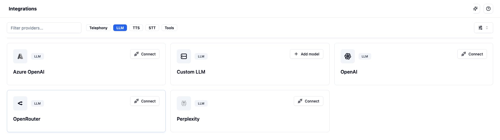 Integrations page filtered to LLM providers, showing the Custom LLM card with an Add model button