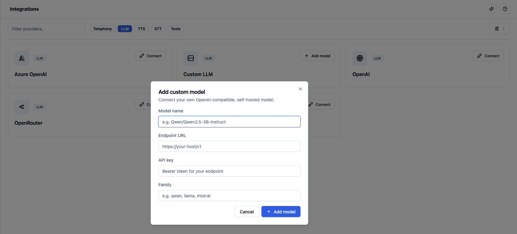 Add custom model dialog with fields for model name, endpoint URL, API key and family