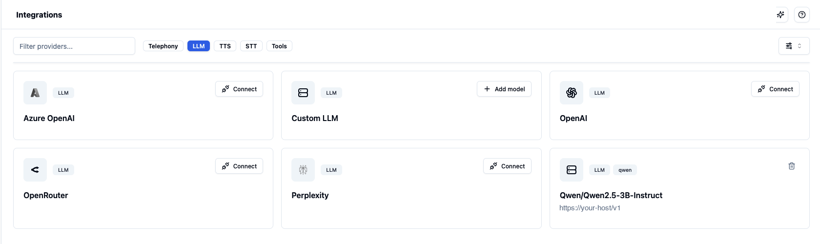 Integrations page showing a registered custom model card with its model name, family tag, endpoint URL and a delete action