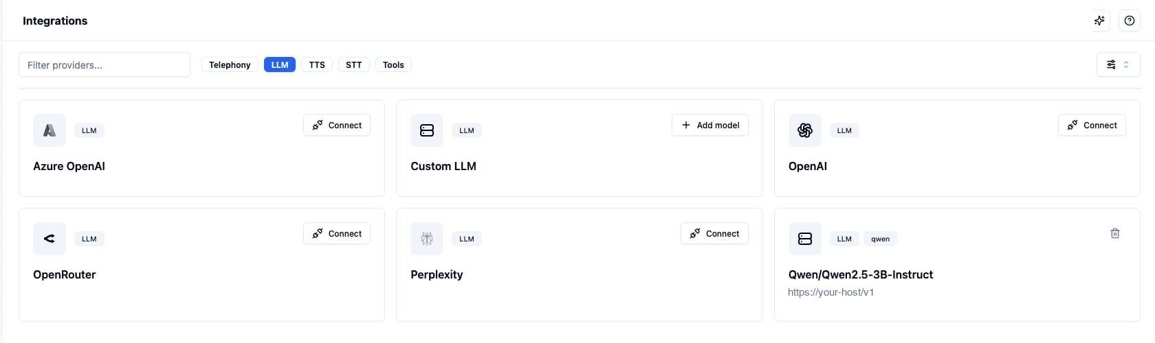 Integrations page showing a registered custom model card with its model name, family tag, endpoint URL and a delete action