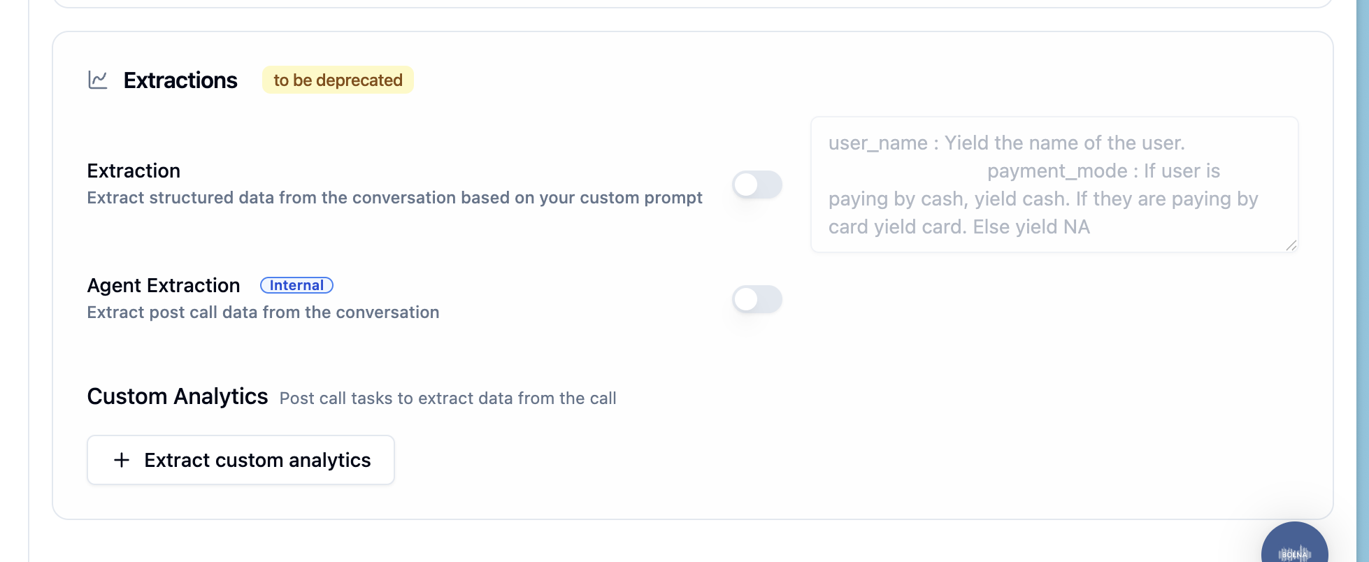 Legacy Extraction, Agent Extraction, and Custom Analytics toggles in the agent Extractions tab