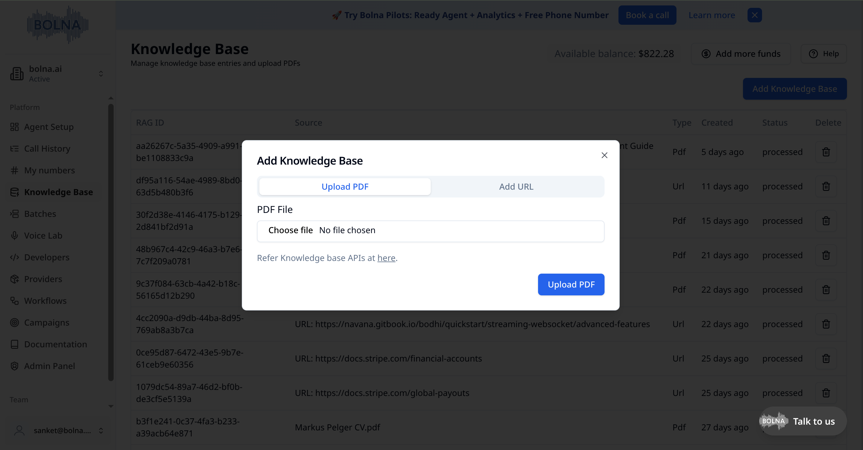 Add Knowledge Base dialog showing Upload PDF tab with file chooser and Upload PDF button
