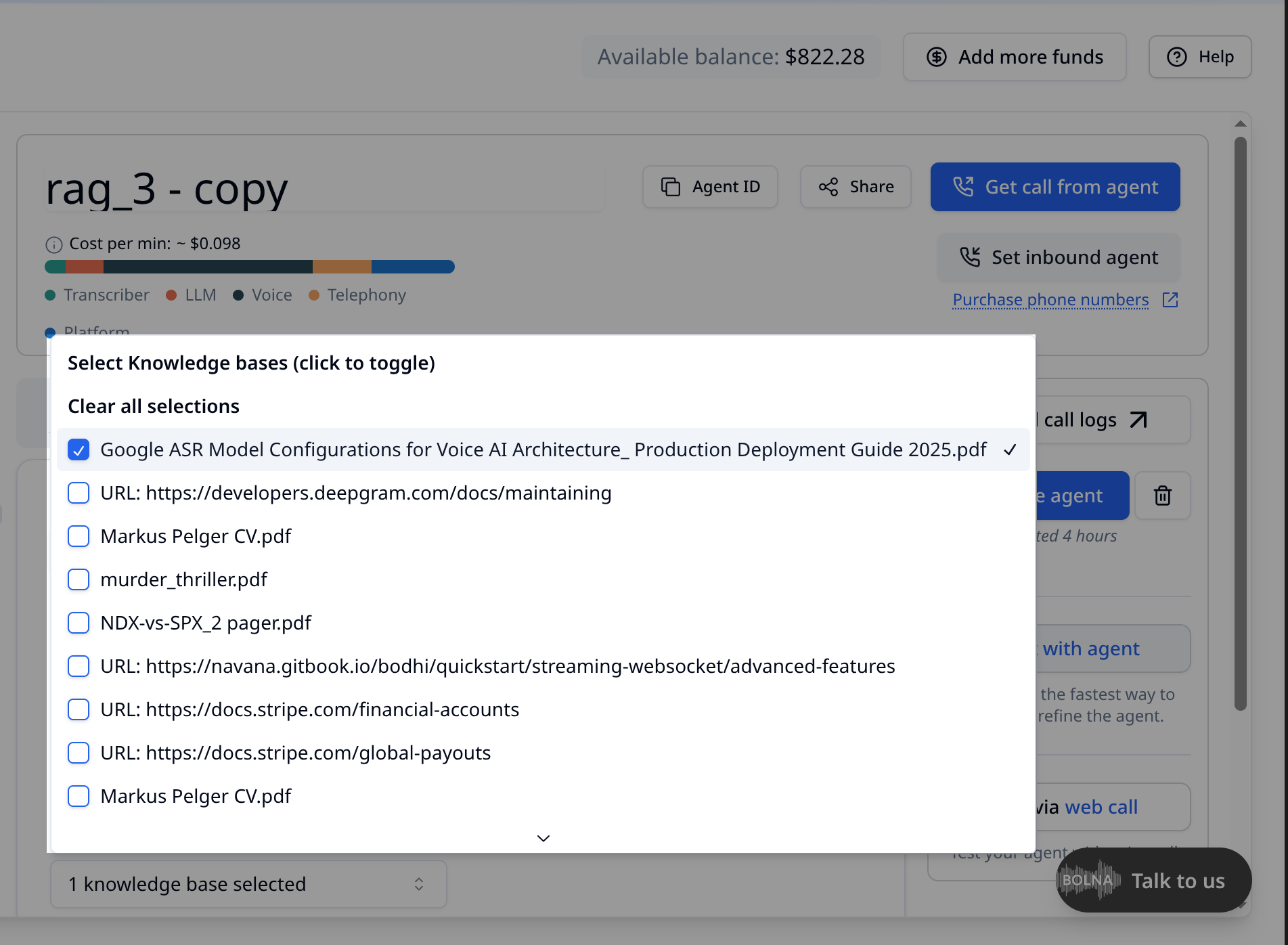 LLM tab showing multi-select knowledgebase dropdown with checkboxes for selecting multiple knowledge sources